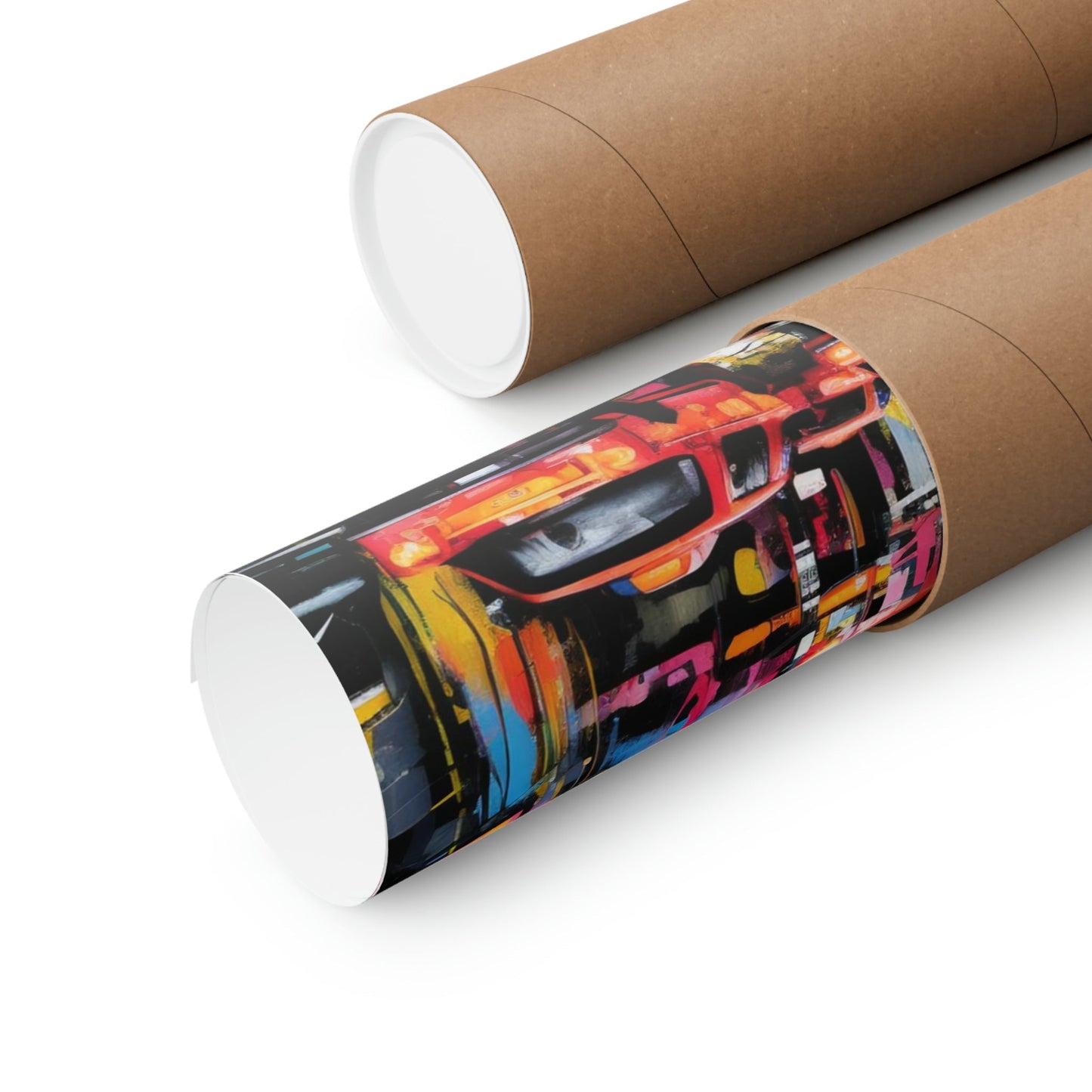Cardboard mailing tube with a colorful graffiti-style design printed on one section.