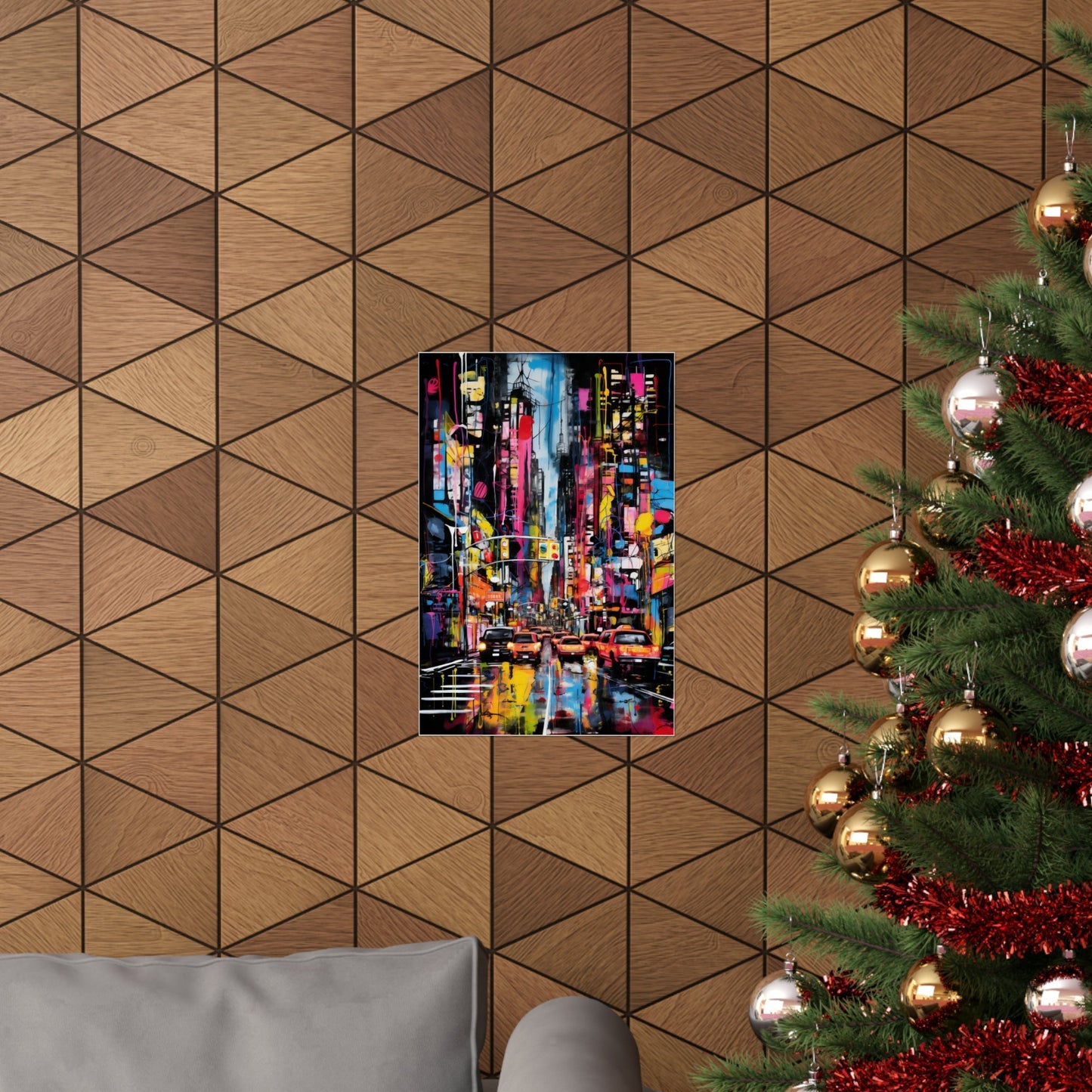 Colorful abstract painting of a bustling city street scene.