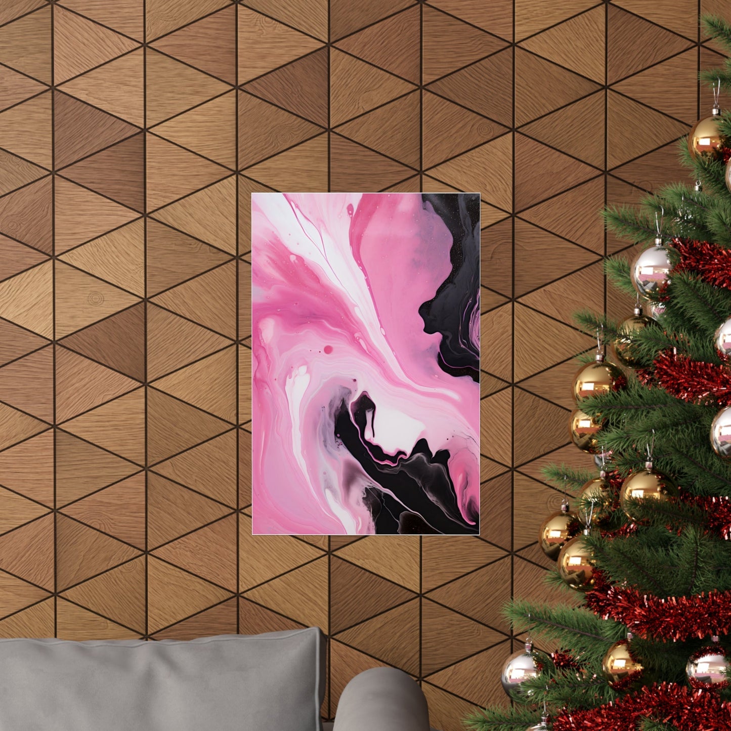 Abstract painting with swirling pink, white, and black patterns.