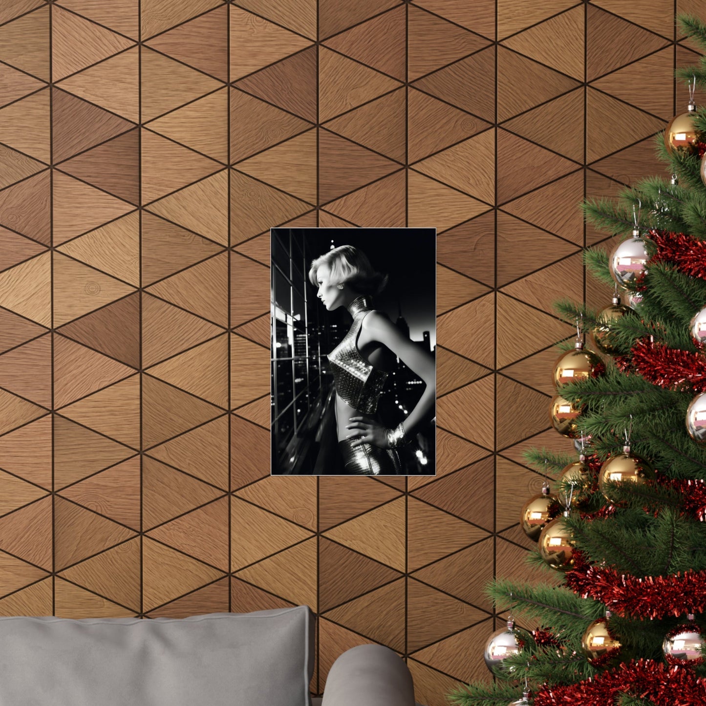 A christmas tree with a picture of a woman