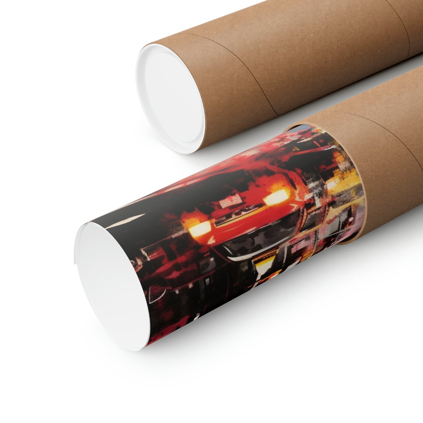 Cardboard mailing tubes, one displaying a colorful printed image of a racing car.