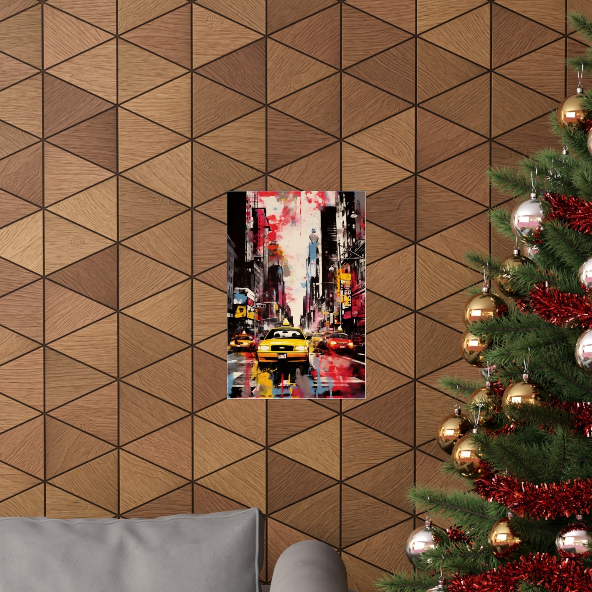 Geometric wood-paneled wall with a colorful city street scene painting.