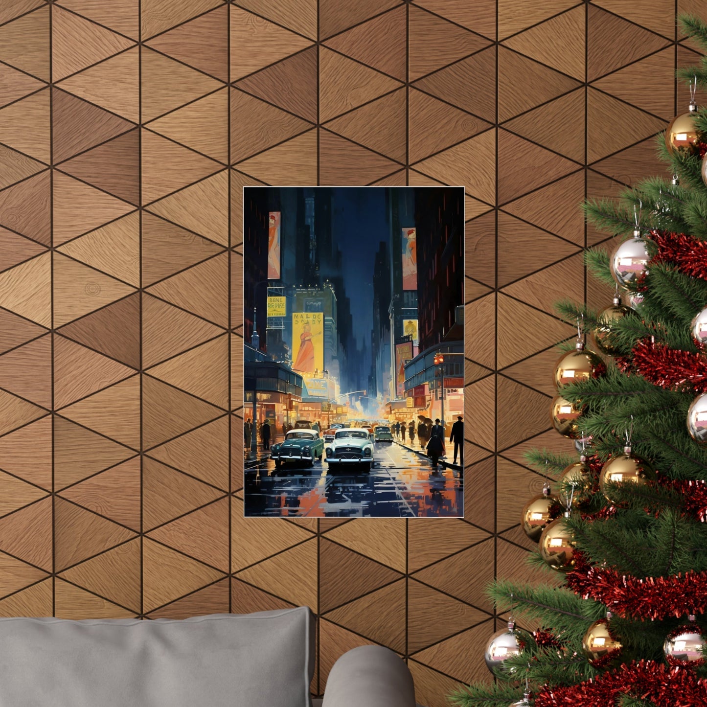 A christmas tree with a picture of a city