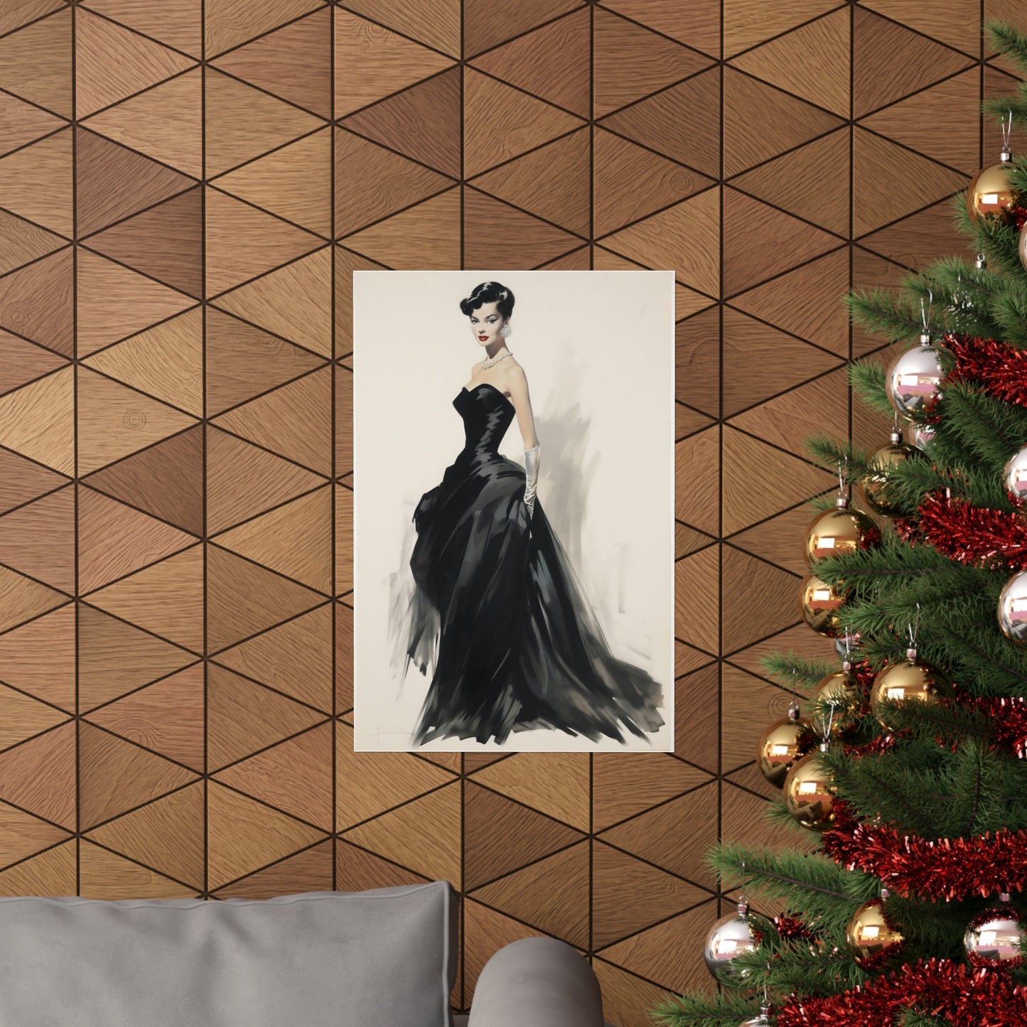 Elegant fashion illustration of a woman in a flowing black evening gown.
