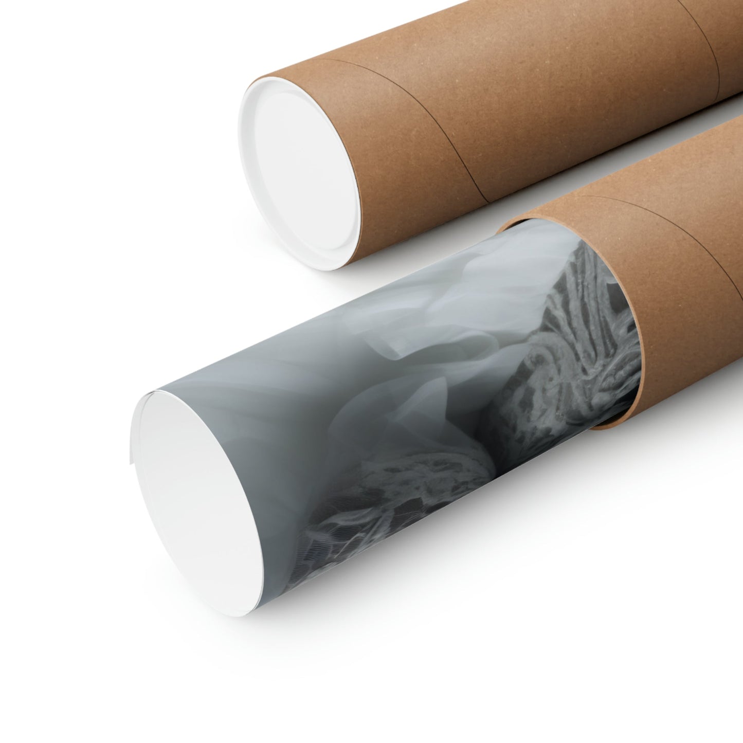 Two rolls of brown paper with a black and white photo on them