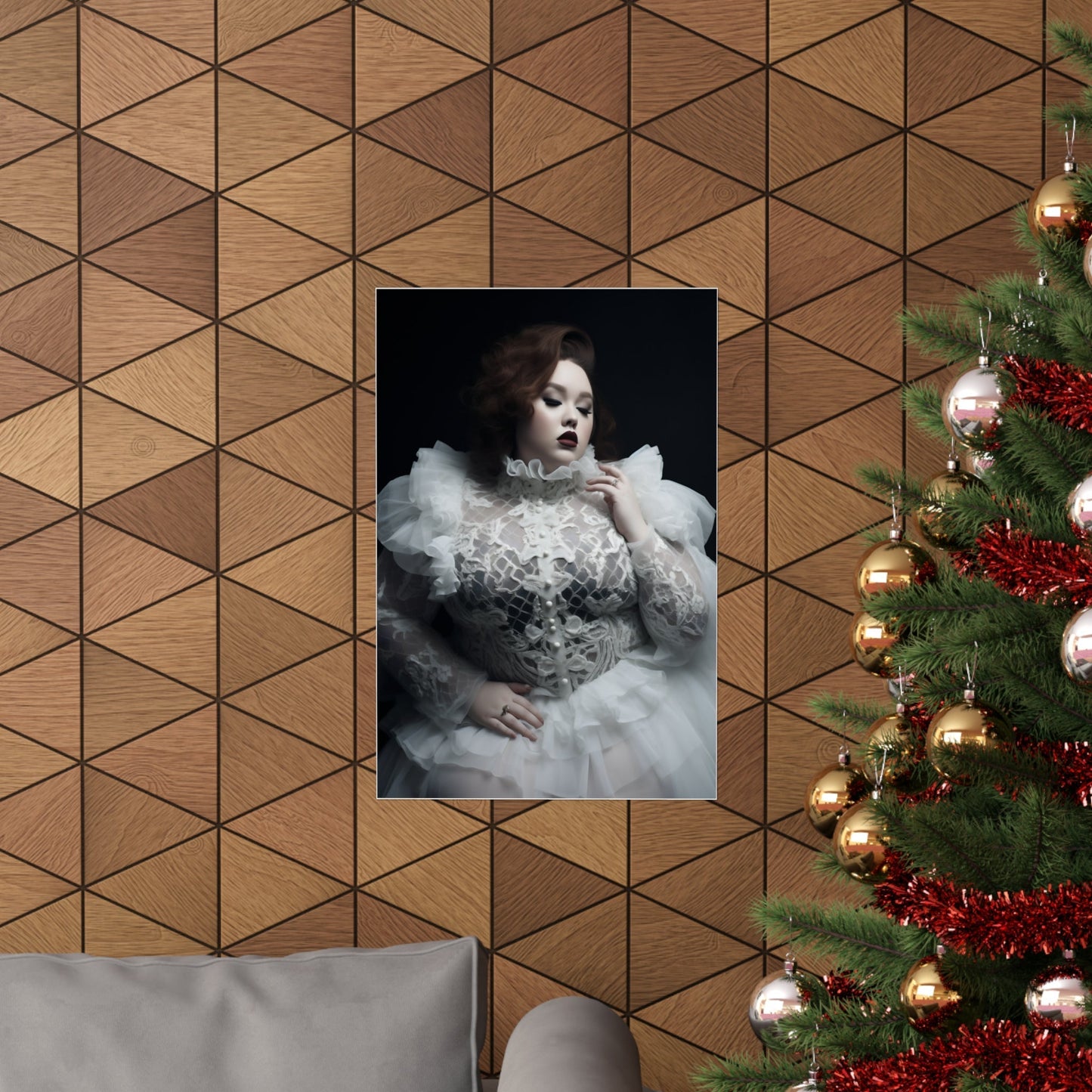 A christmas tree with a picture of a woman in a white dress