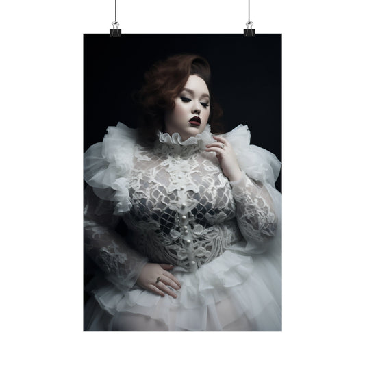 Woman wearing an elaborate white ruffled gown with a high collar.