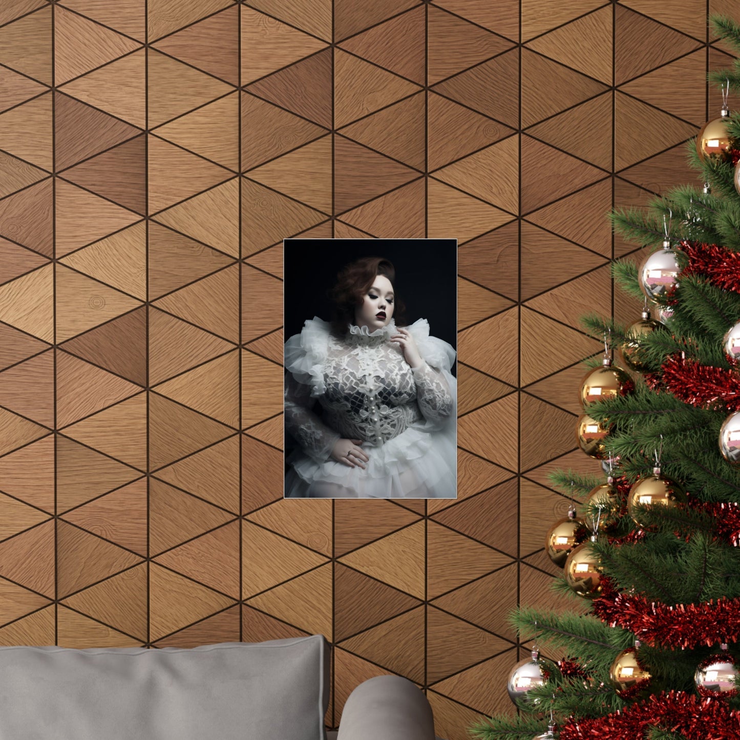 A christmas tree with a picture of a woman in a white dress