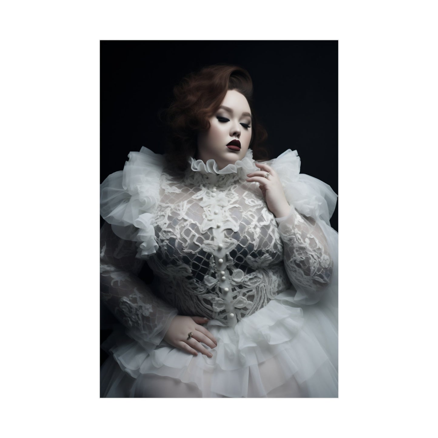 A woman in a white dress with a black background