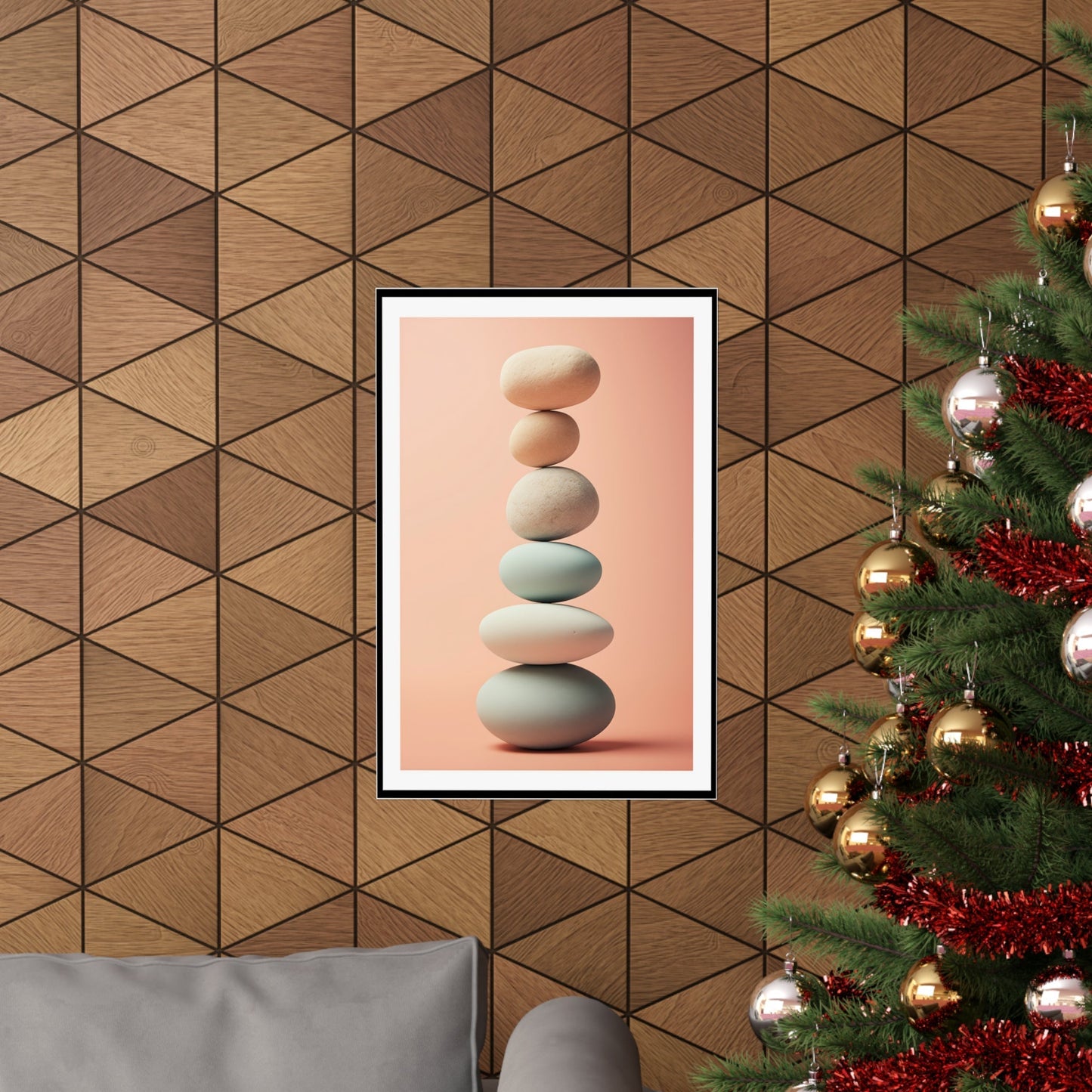 A christmas tree with a picture of a stack of rocks