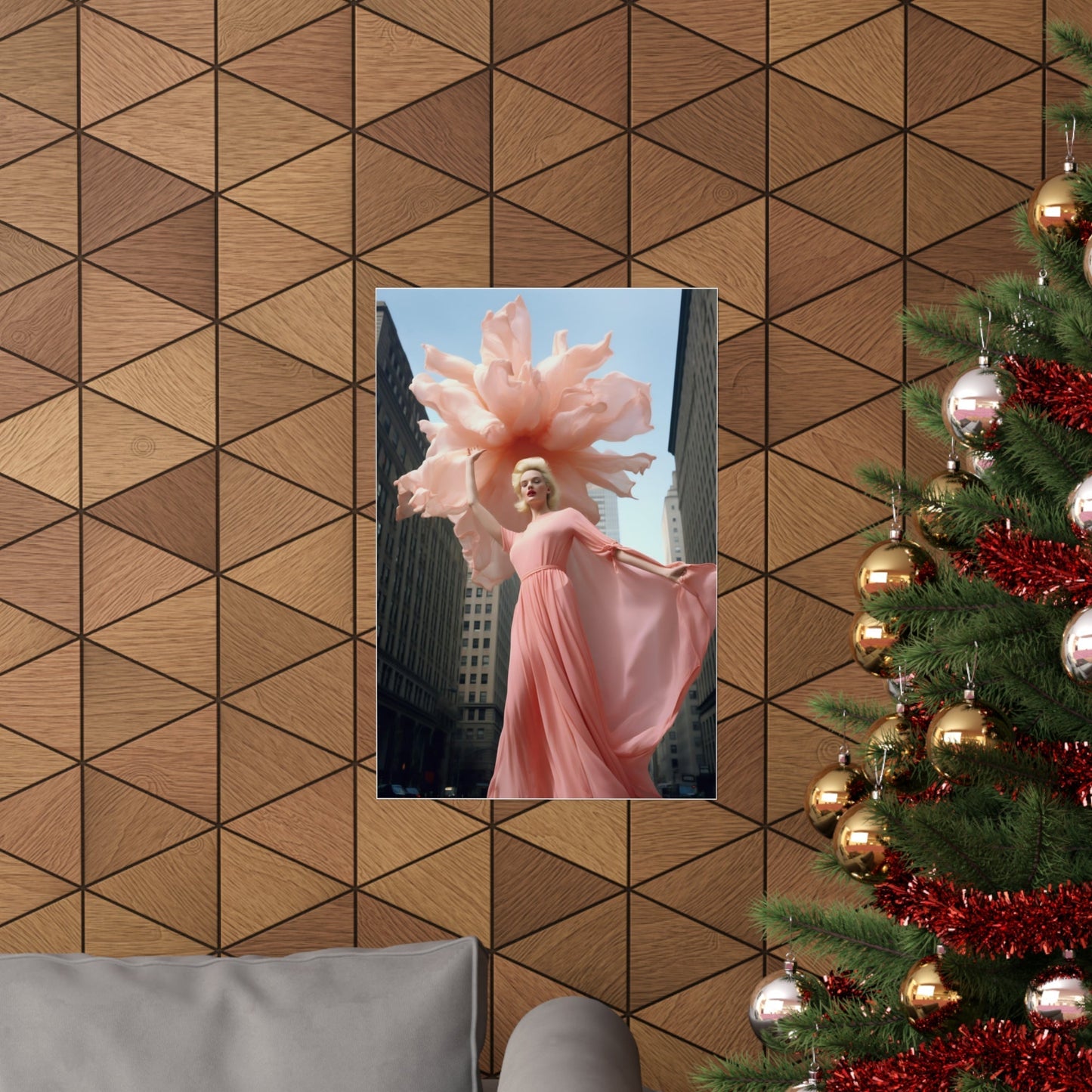 A christmas tree with a pink flower in the center