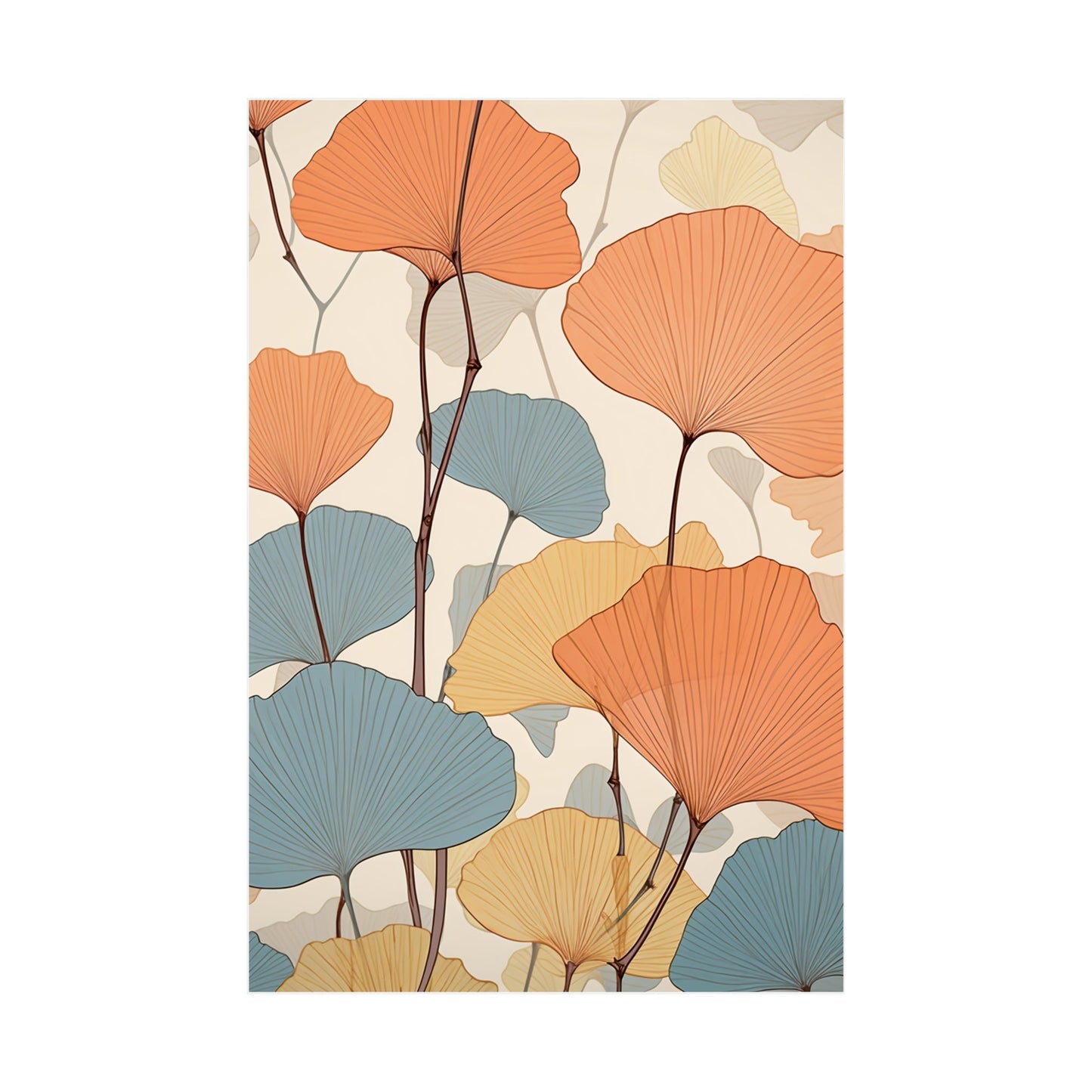 A wallpaper with a pattern of orange and blue leaves