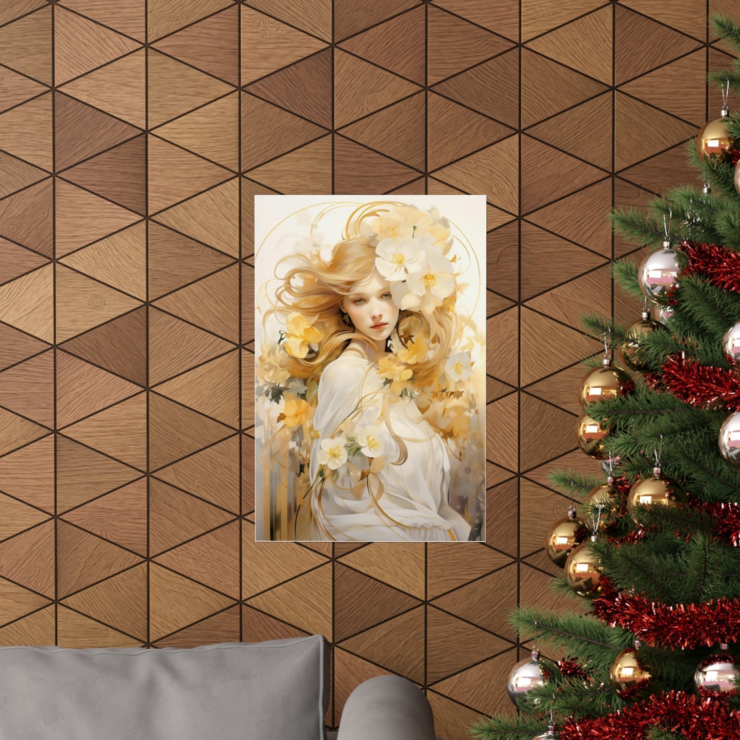 A christmas tree with a gold and white painting on it