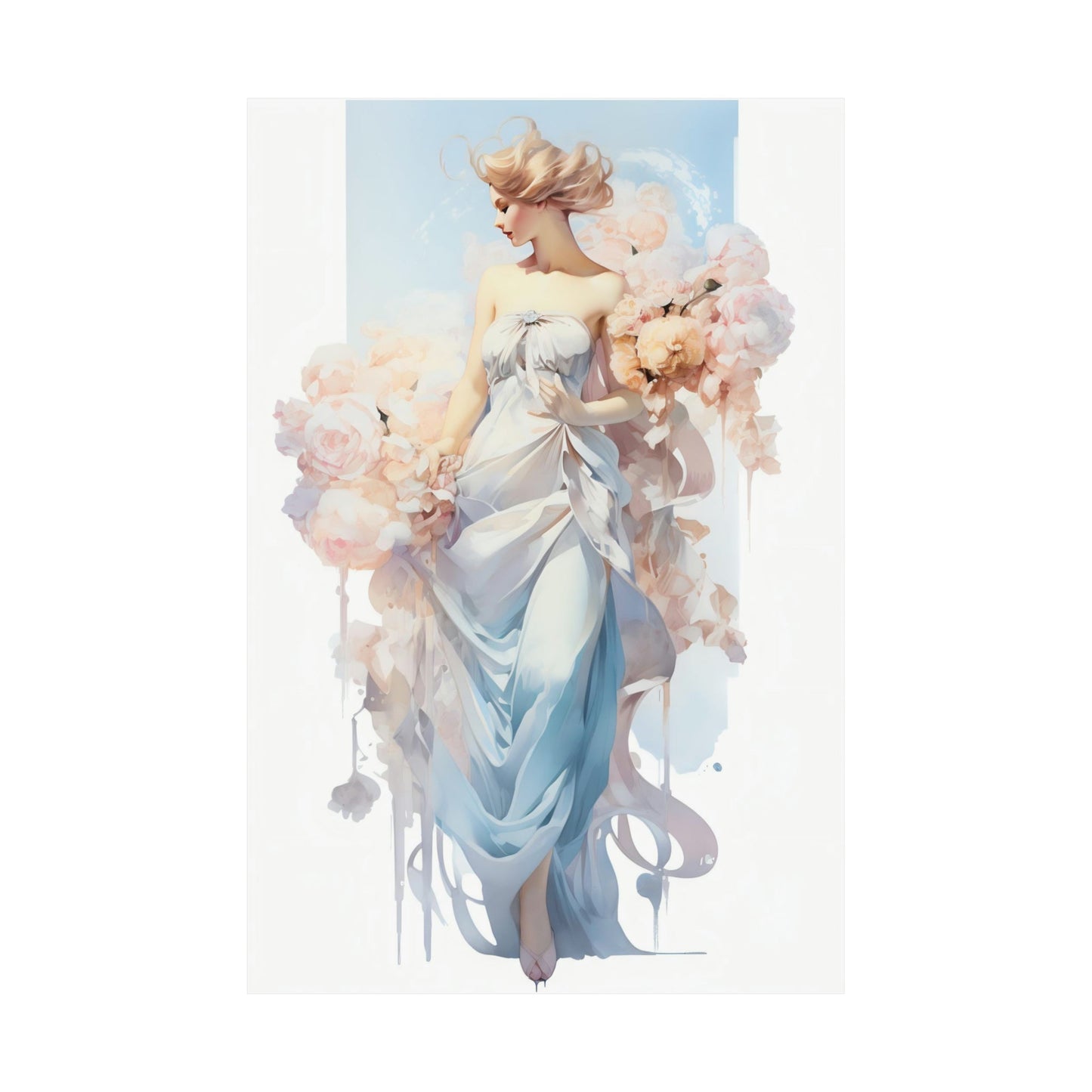 A woman in a blue dress with flowers