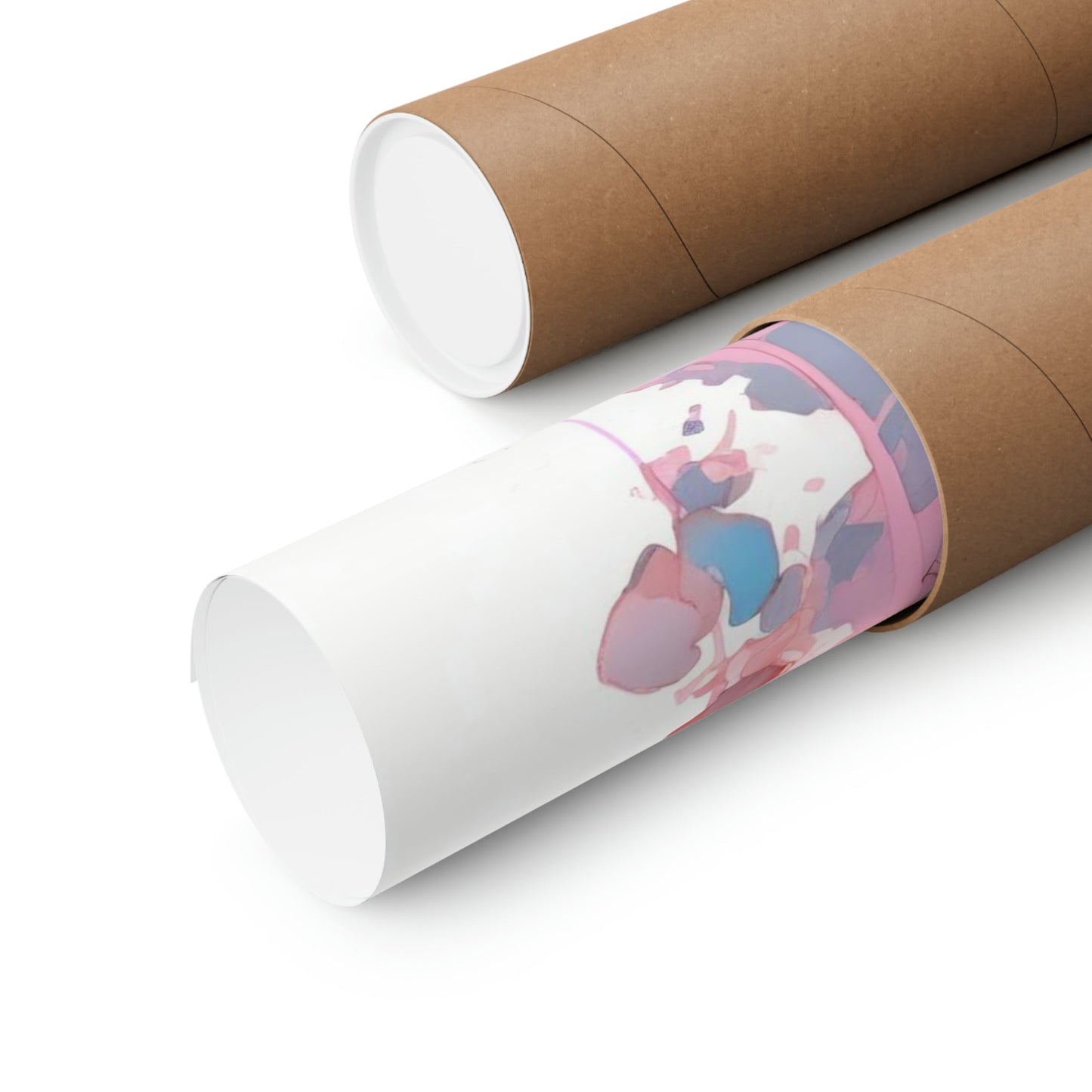 Two rolls of brown paper with a pink and blue design