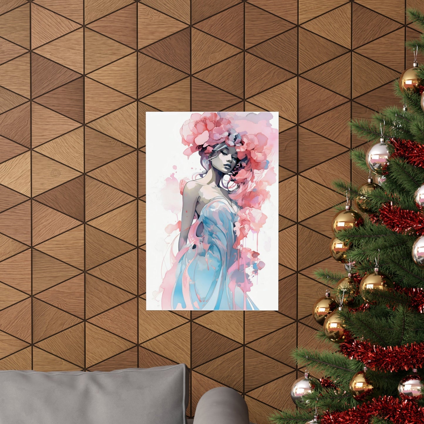 A christmas tree with a pink and blue dress