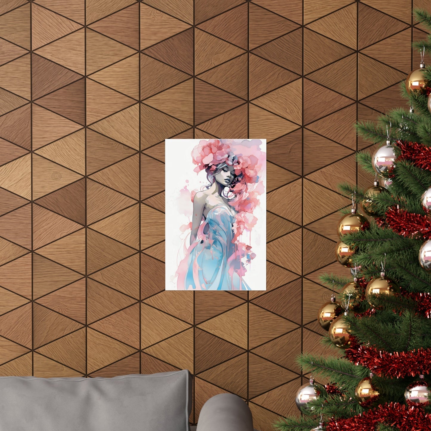 A christmas tree with a pink and blue dress