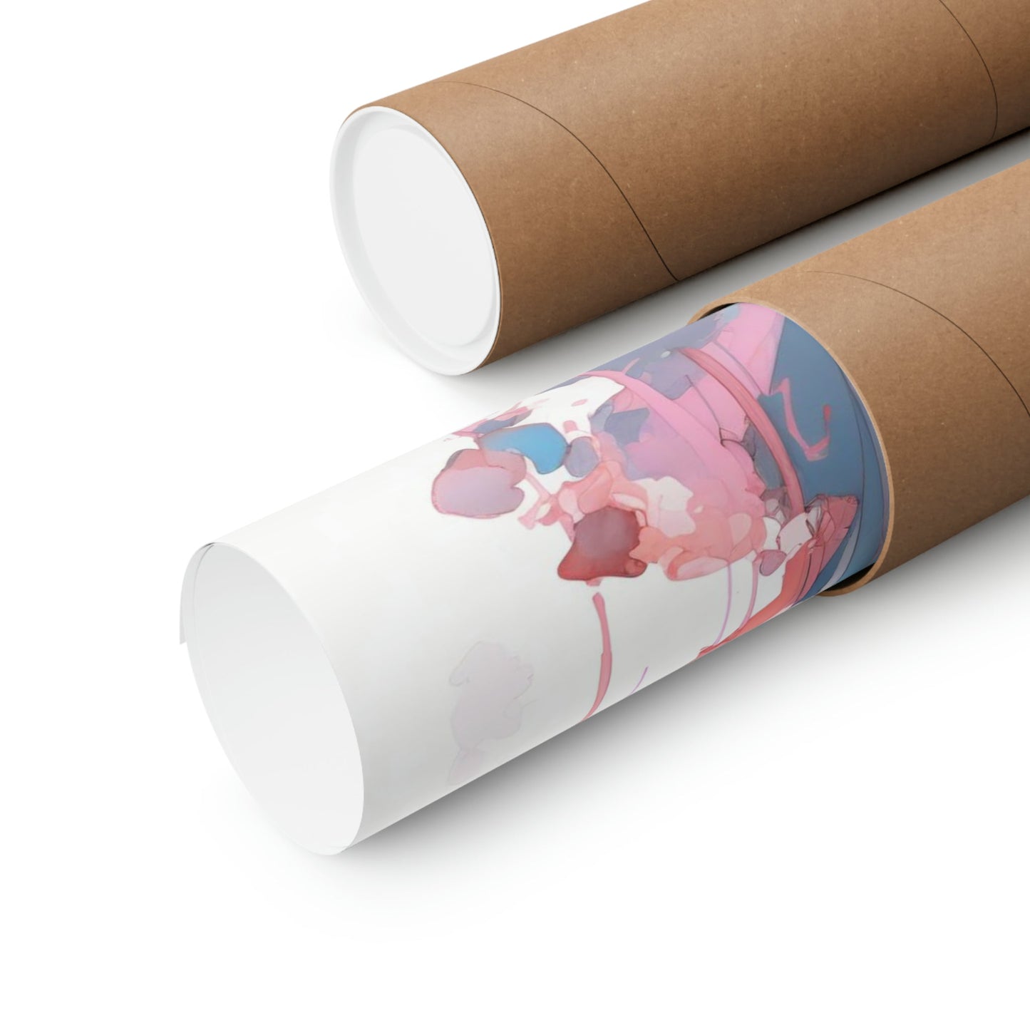 Two rolls of brown paper with a pink and blue design