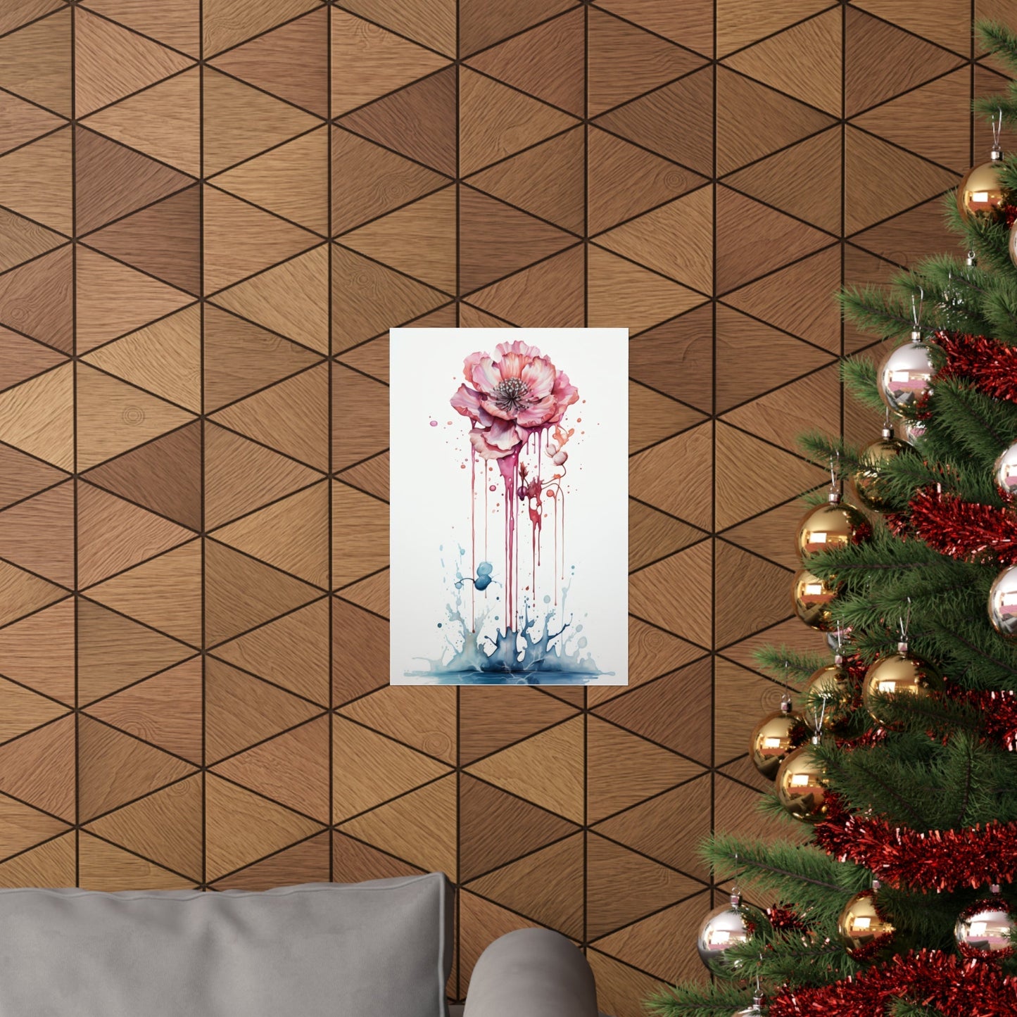 Watercolor-style painting of a pink flower with dripping paint effects.