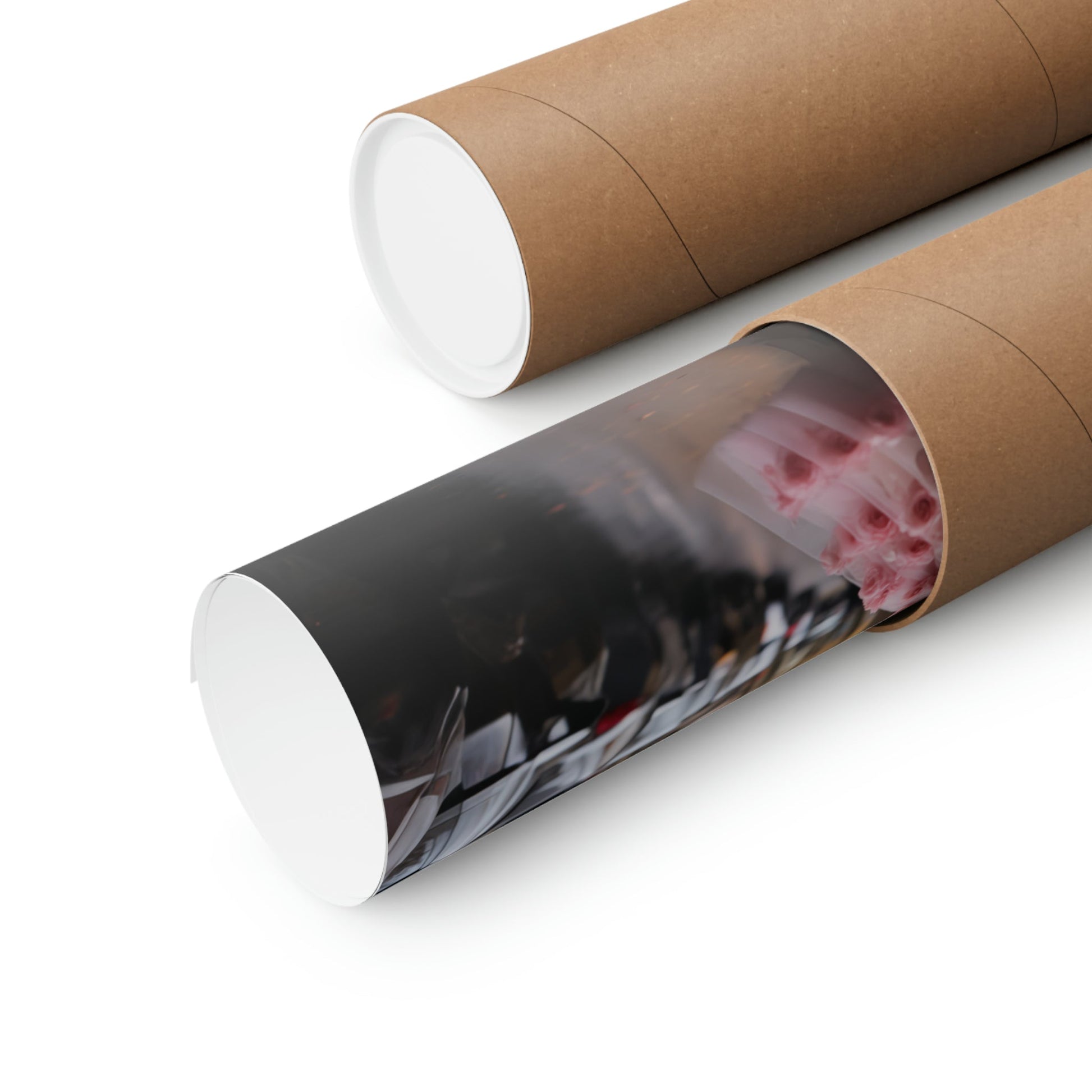 Cardboard mailing tubes, one open to reveal a rolled document or print inside.