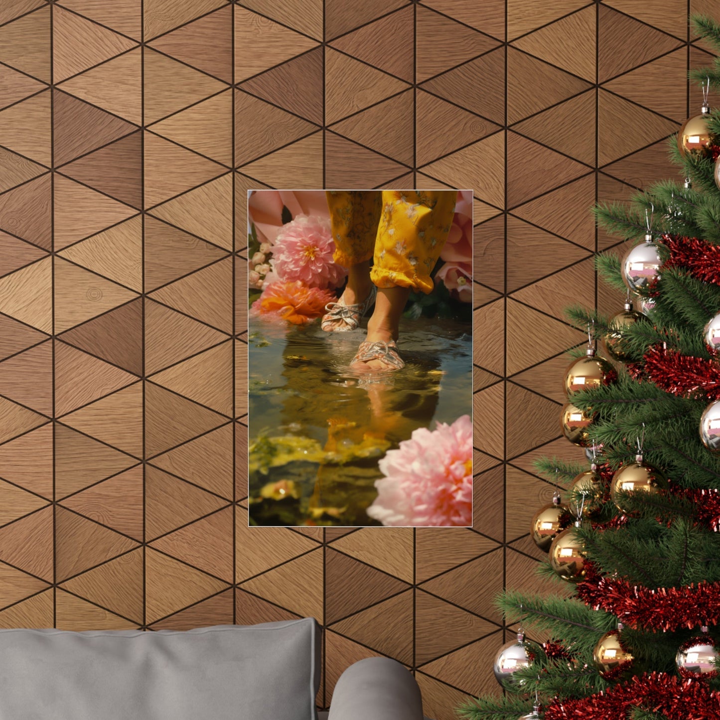 A christmas tree with a picture of a woman in a pool