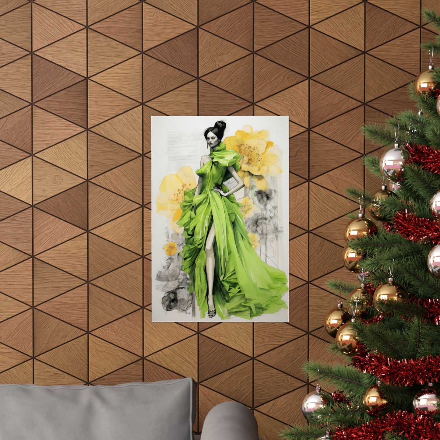 A christmas tree with a picture of a woman in a green dress