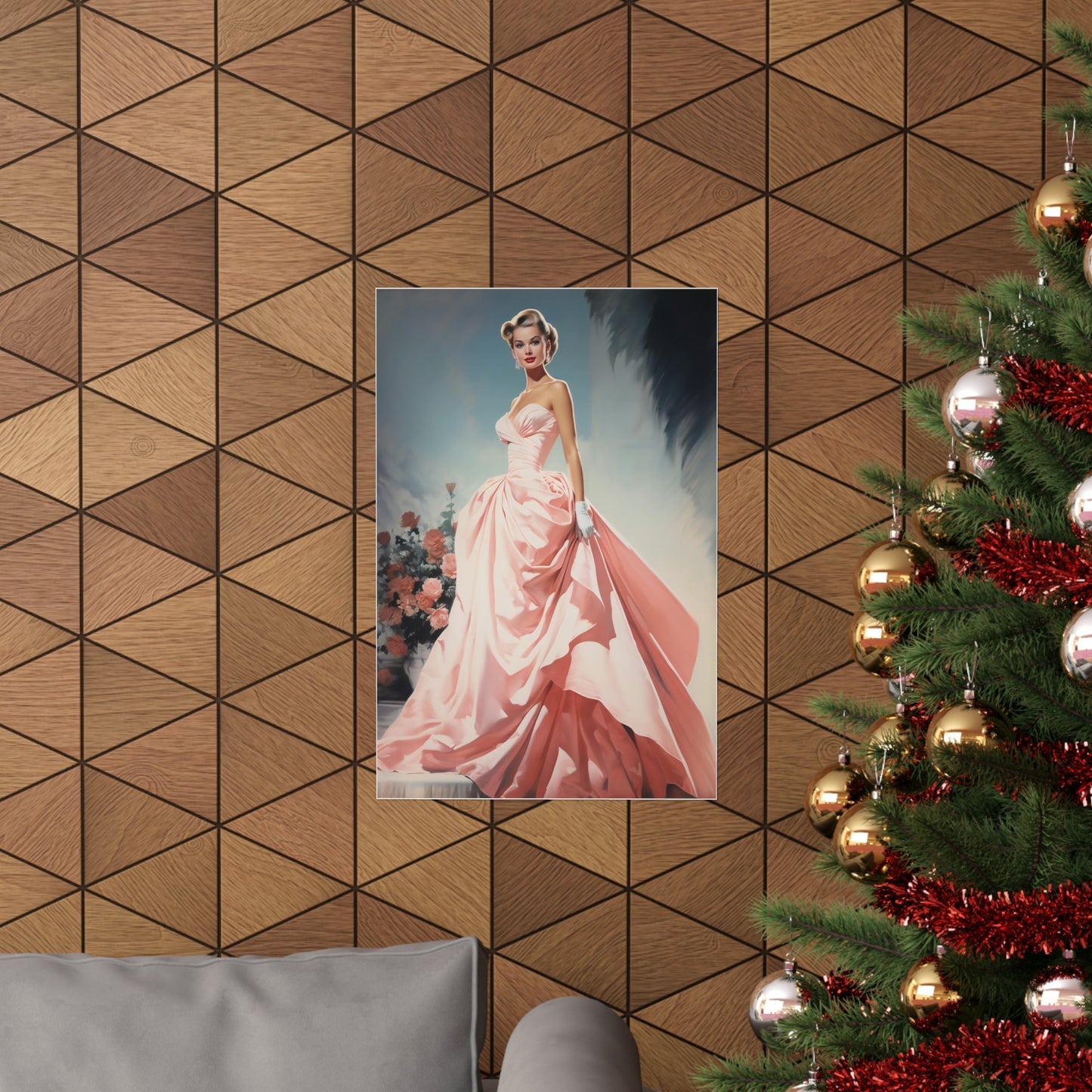 Portrait of a woman in an elegant pink gown.