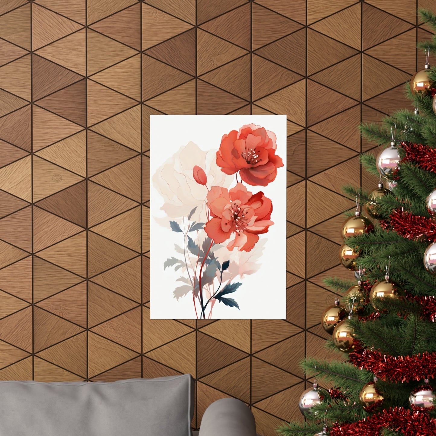 A christmas tree with a red flower on it