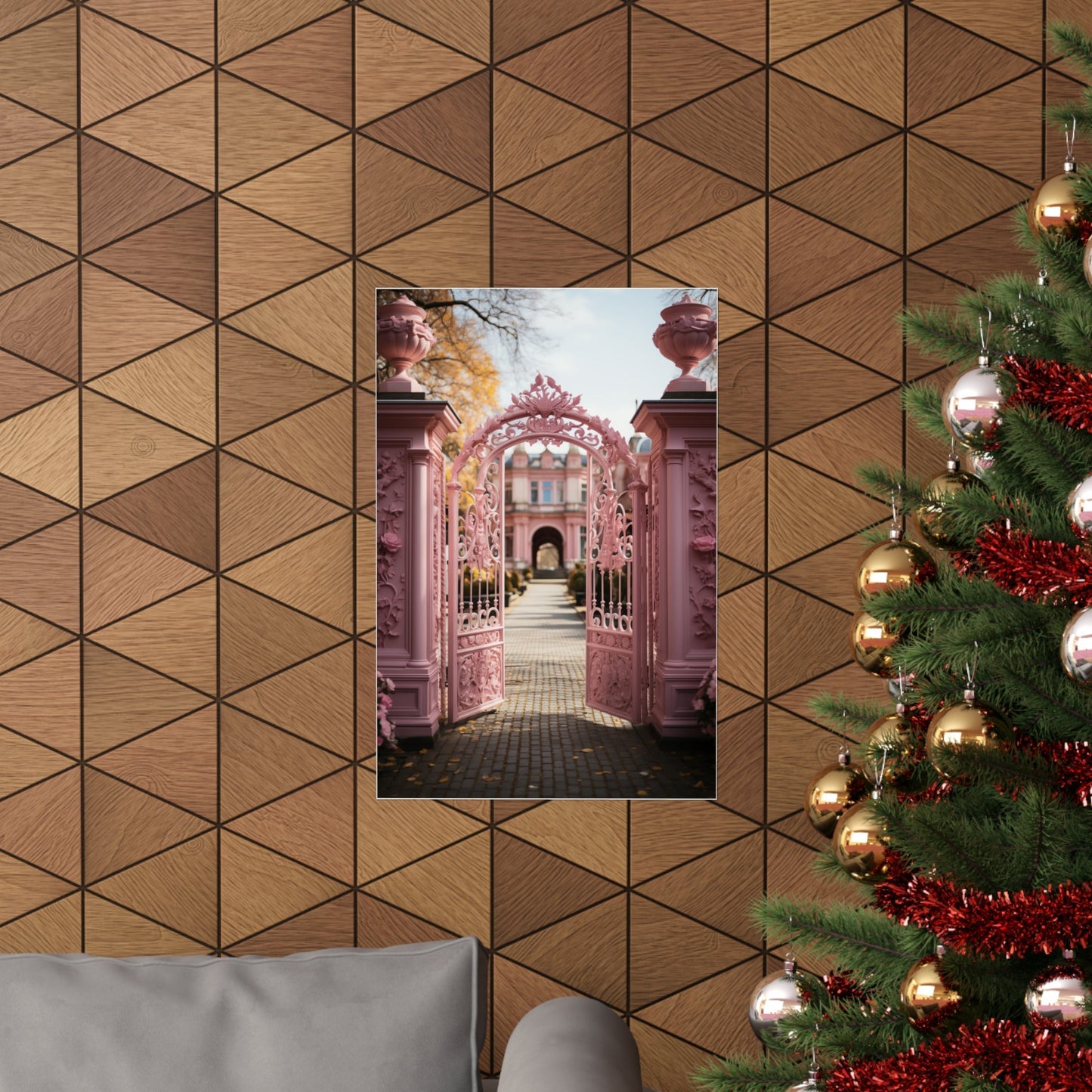 Framed photograph of an ornate pink archway leading to a garden path.