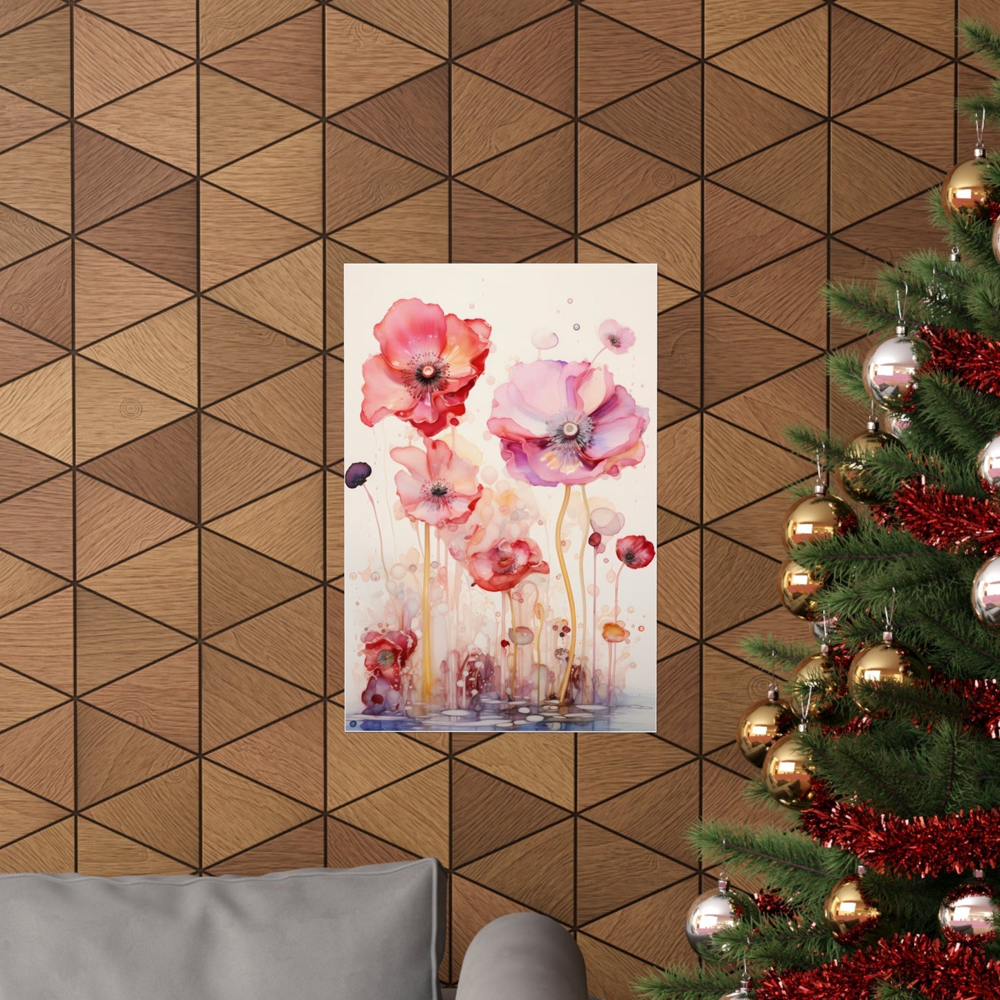 Watercolor painting of pink and red poppies on canvas.