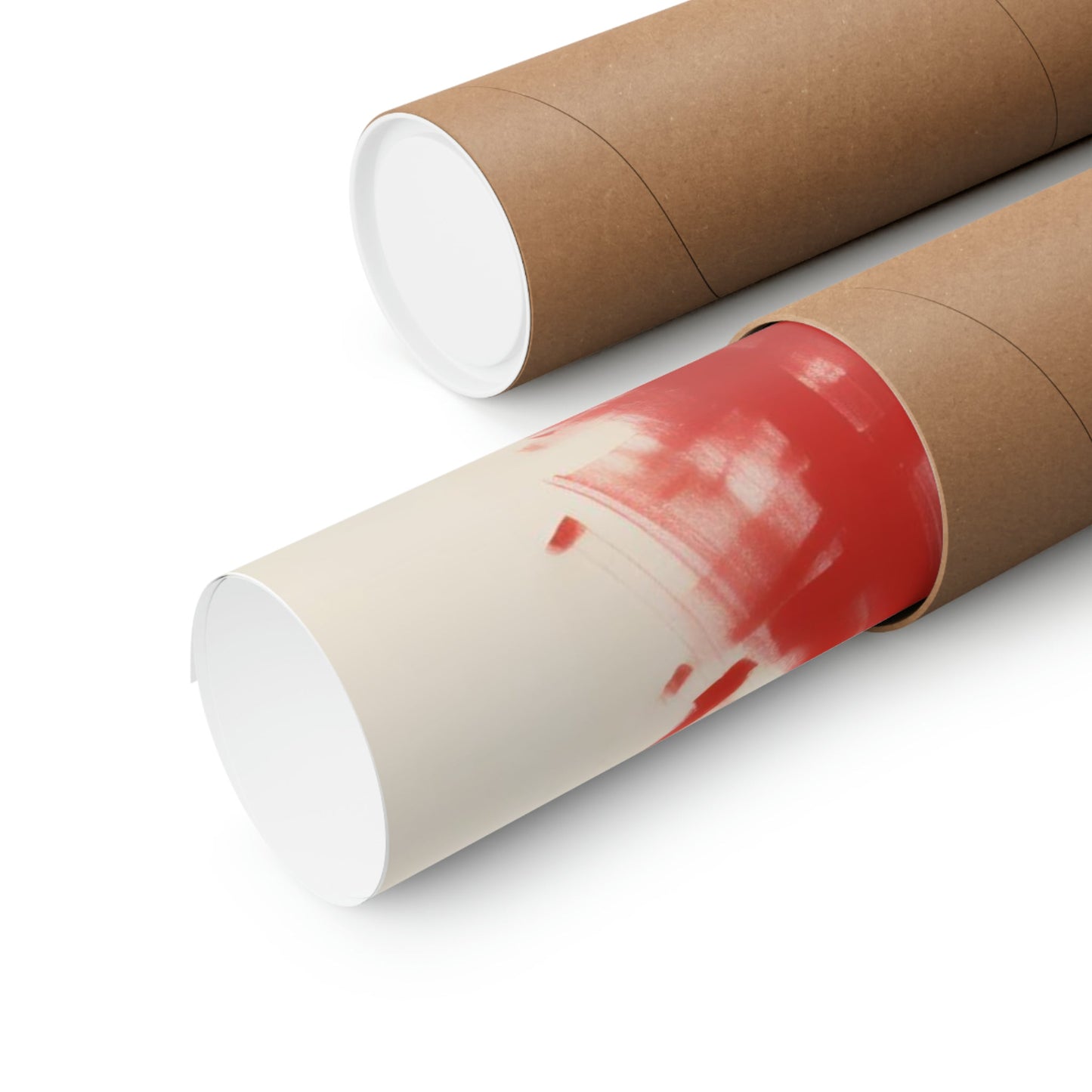 Two rolls of brown paper with red paint on them