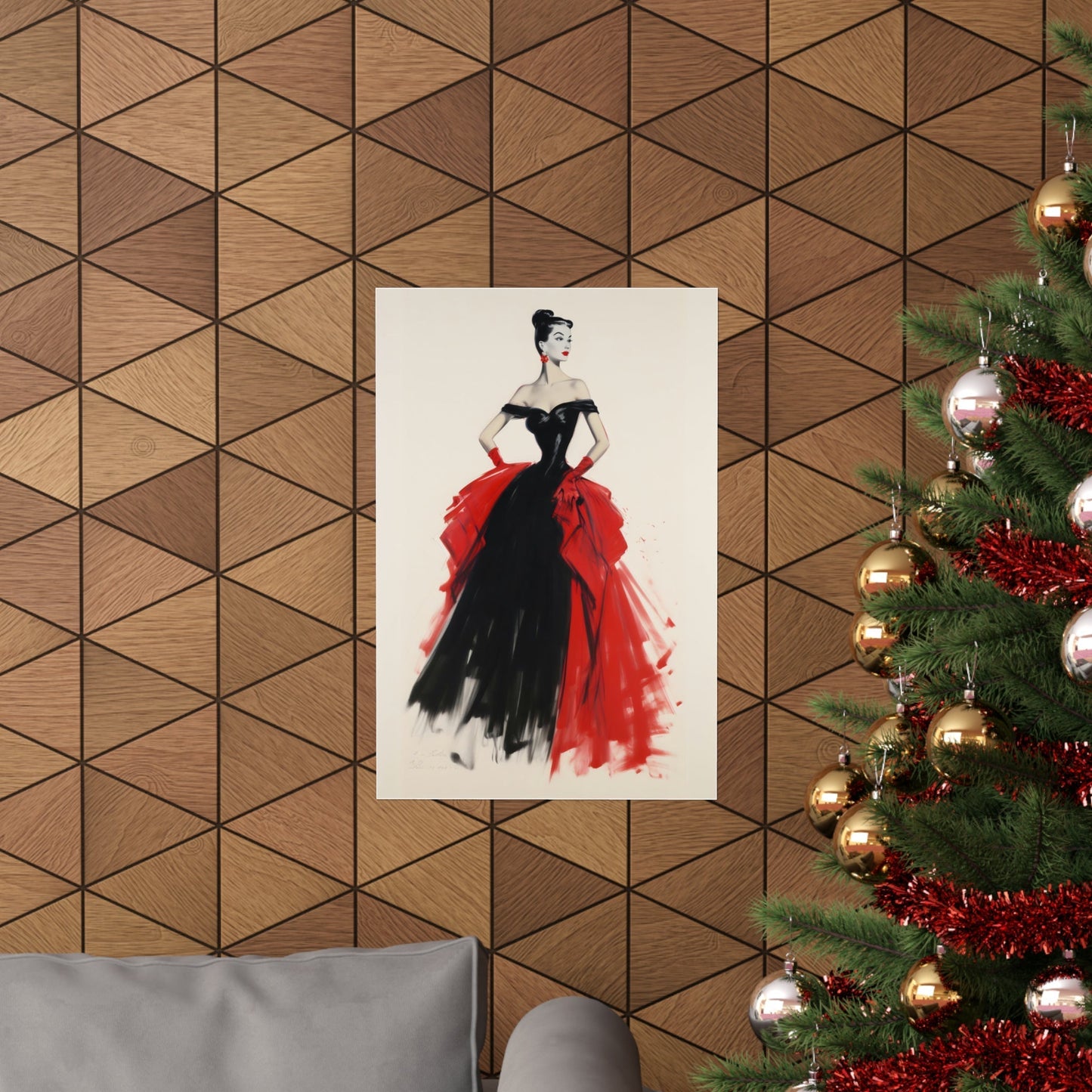 A christmas tree with a red dress on it