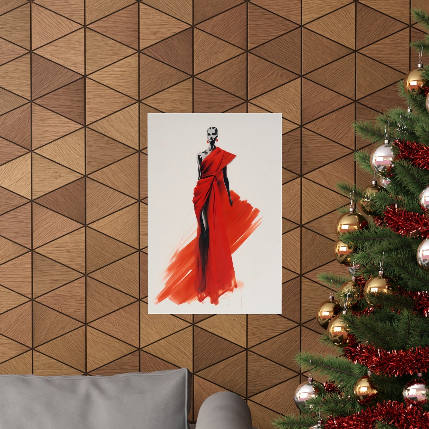 A christmas tree with a red dress hanging on it