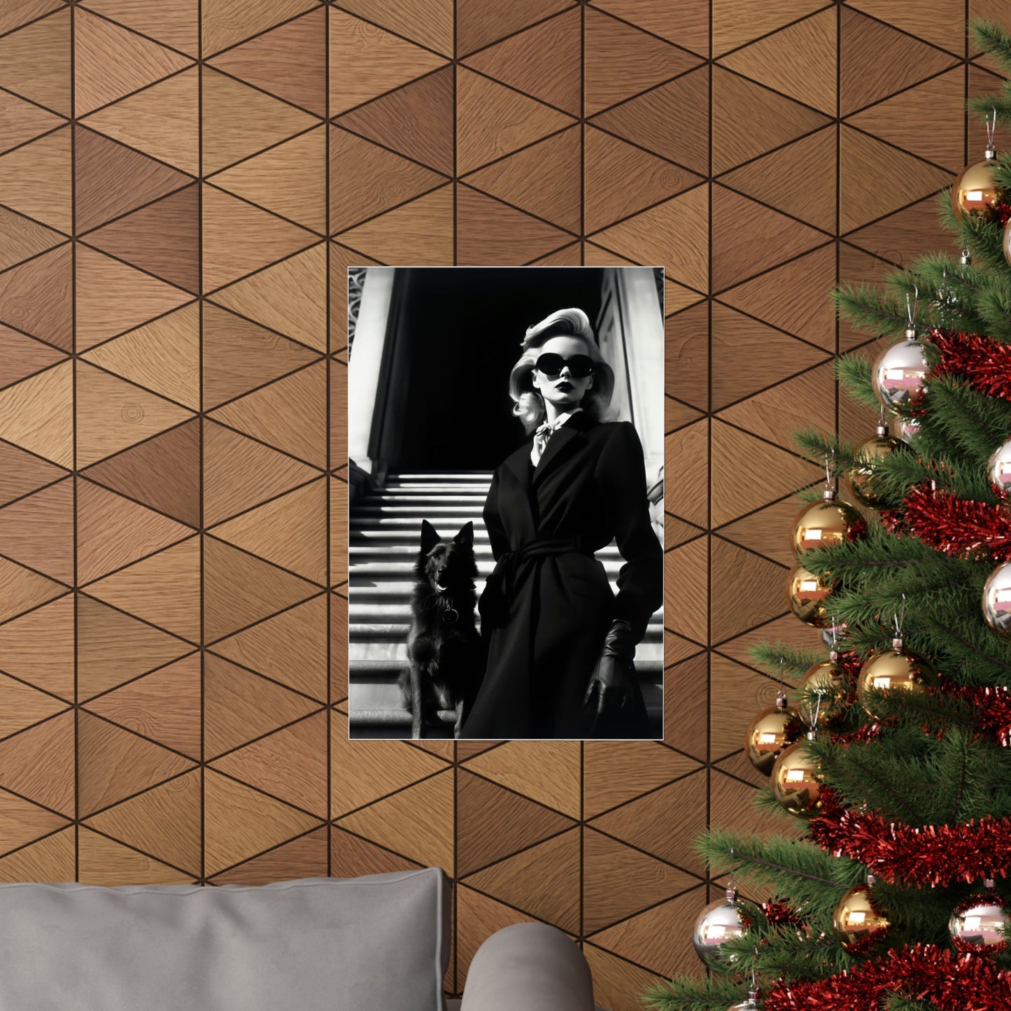 A christmas tree with a picture of a man in a suit