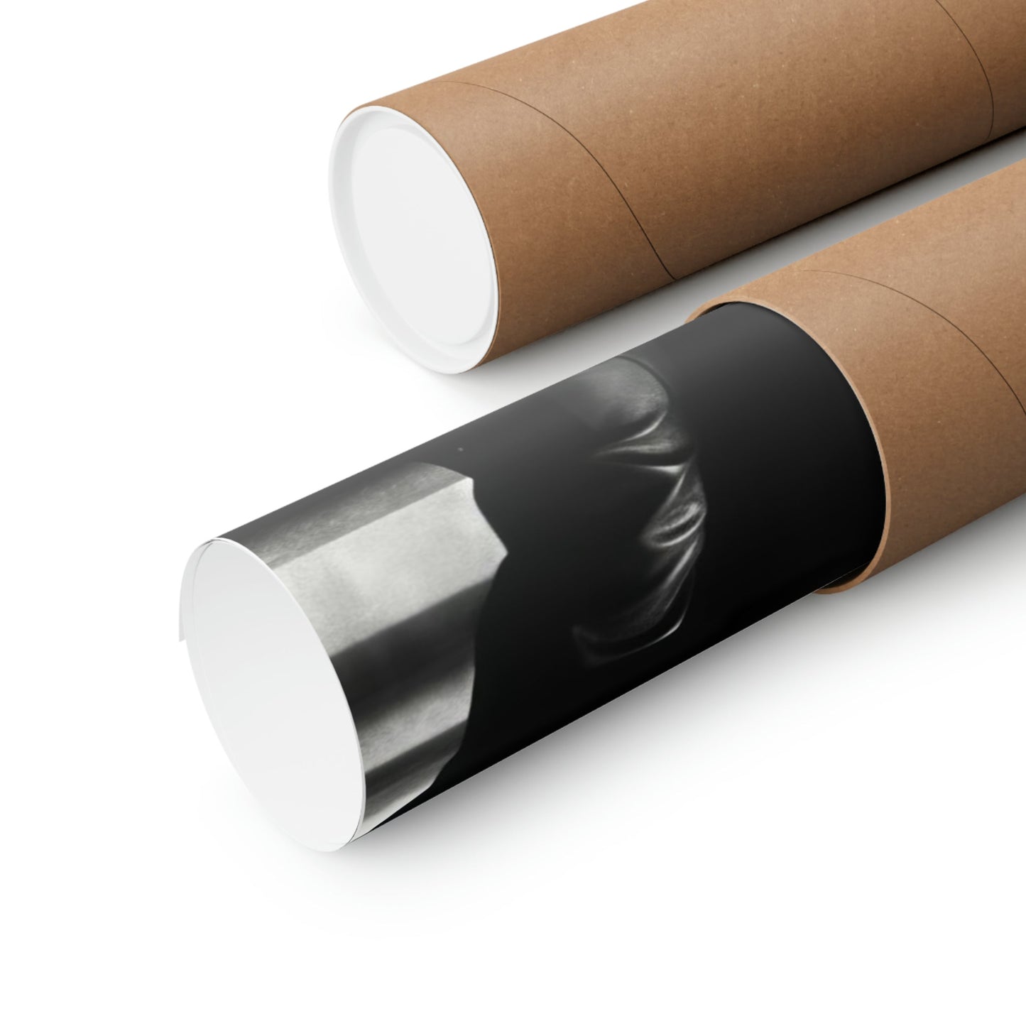 Two rolls of brown paper with a black and white photo