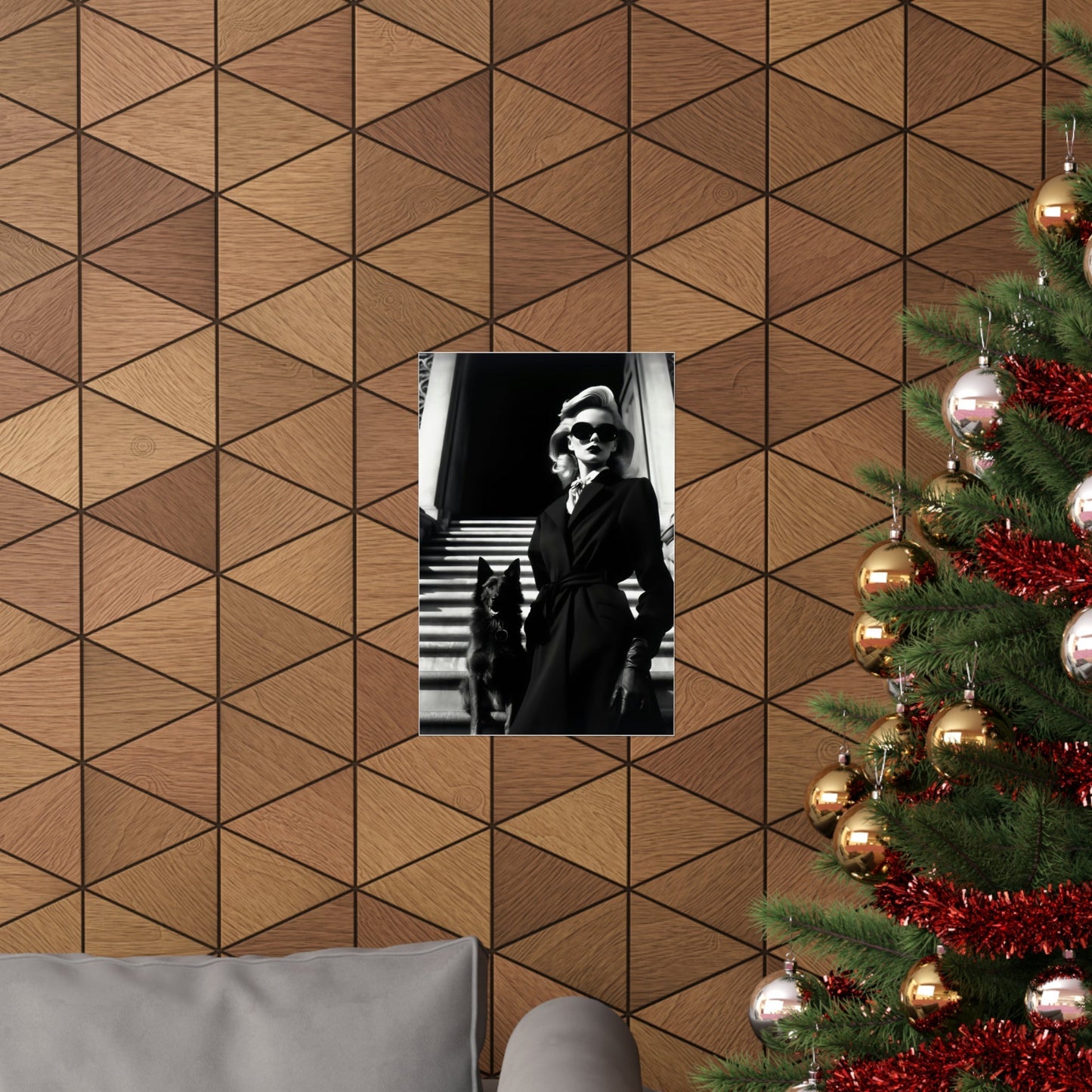 A christmas tree with a picture of a man in a suit