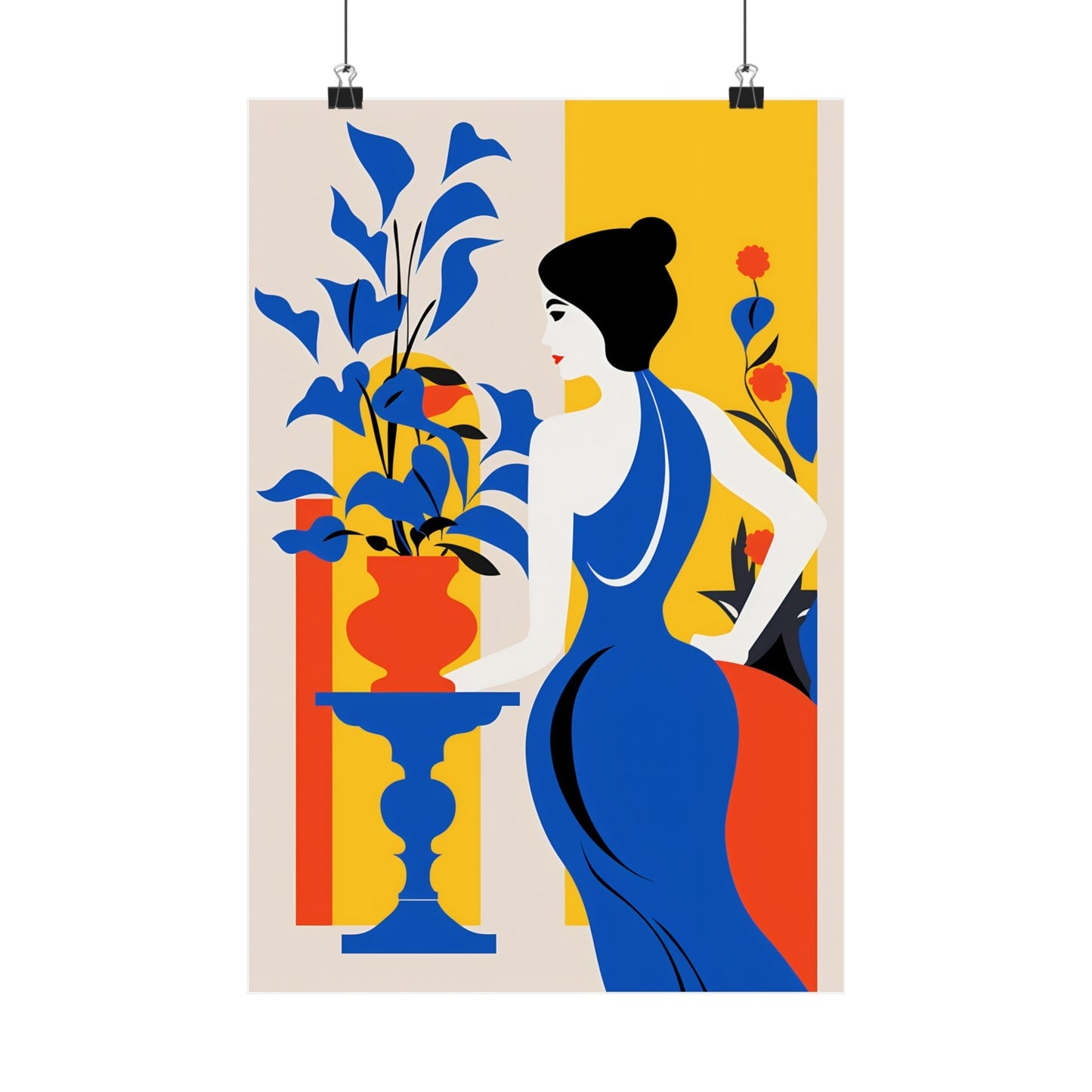Stylized illustration of a woman in a blue dress standing next to a vase with flowers.