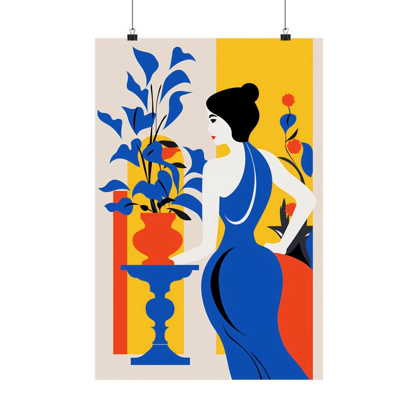 A woman in a blue dress holding a vase with flowers
