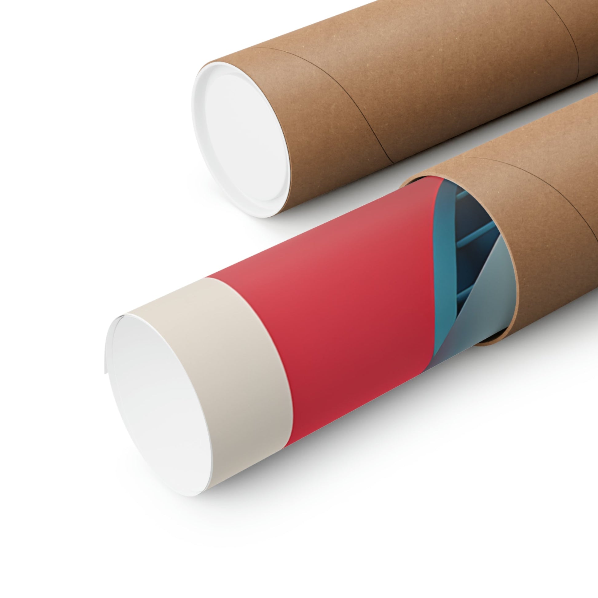 Two rolls of brown paper with red and blue stripes