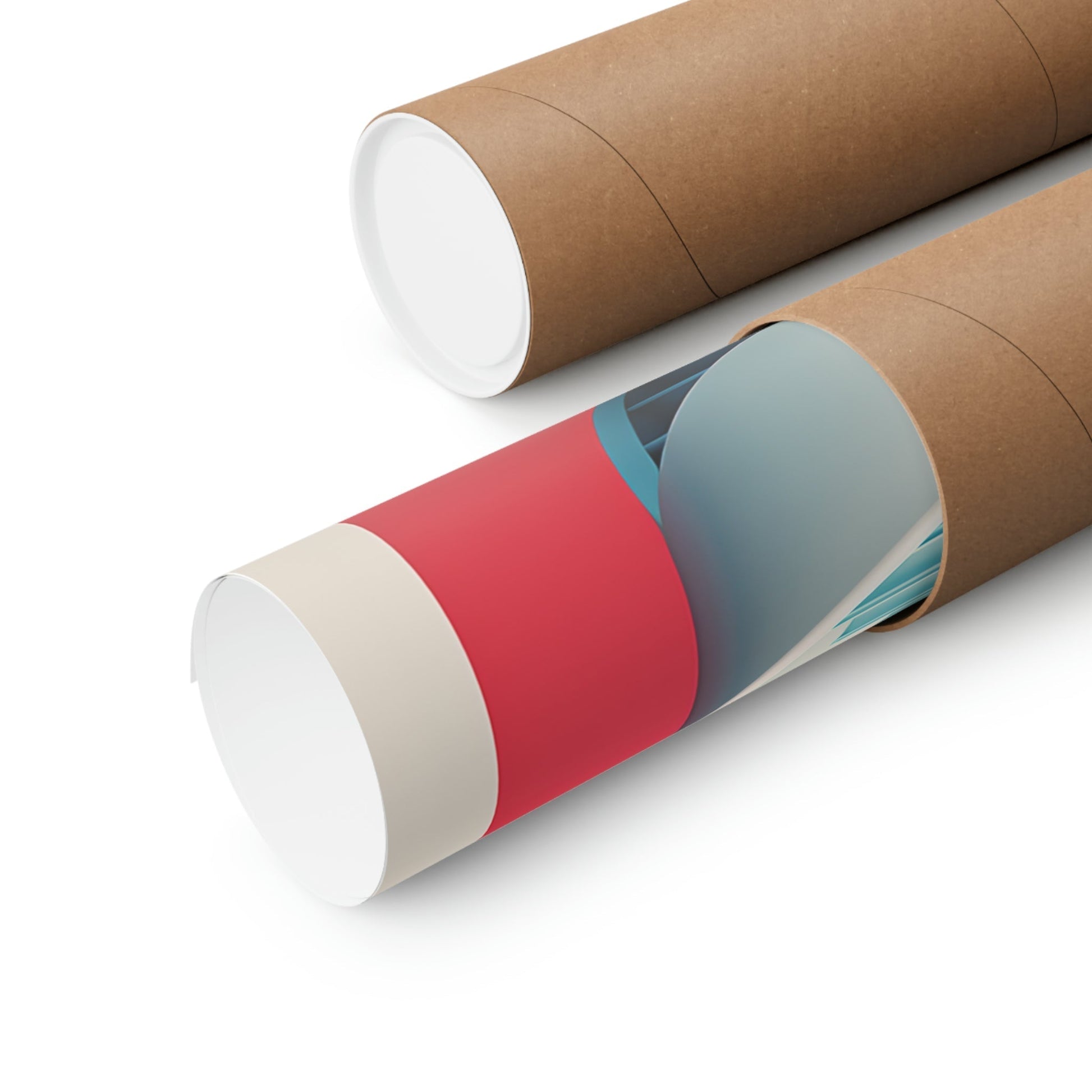 Two rolls of brown paper with red and blue stripes