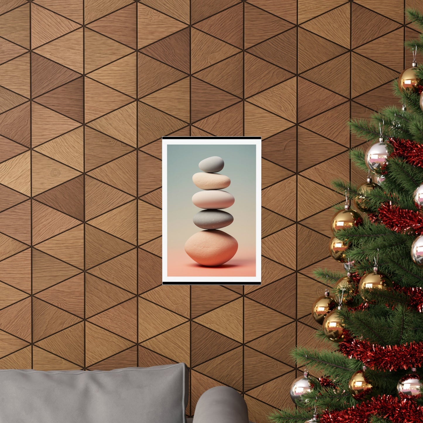 A christmas tree with a picture of a stack of rocks