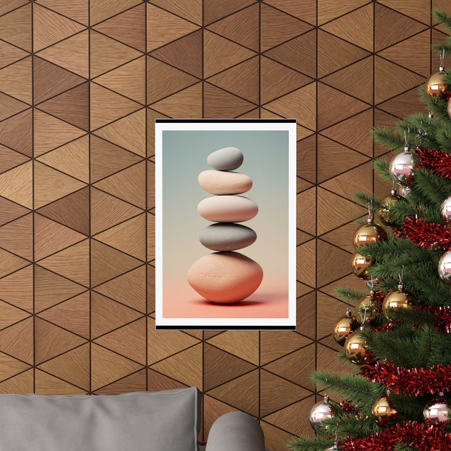 A christmas tree with a picture of a stack of rocks