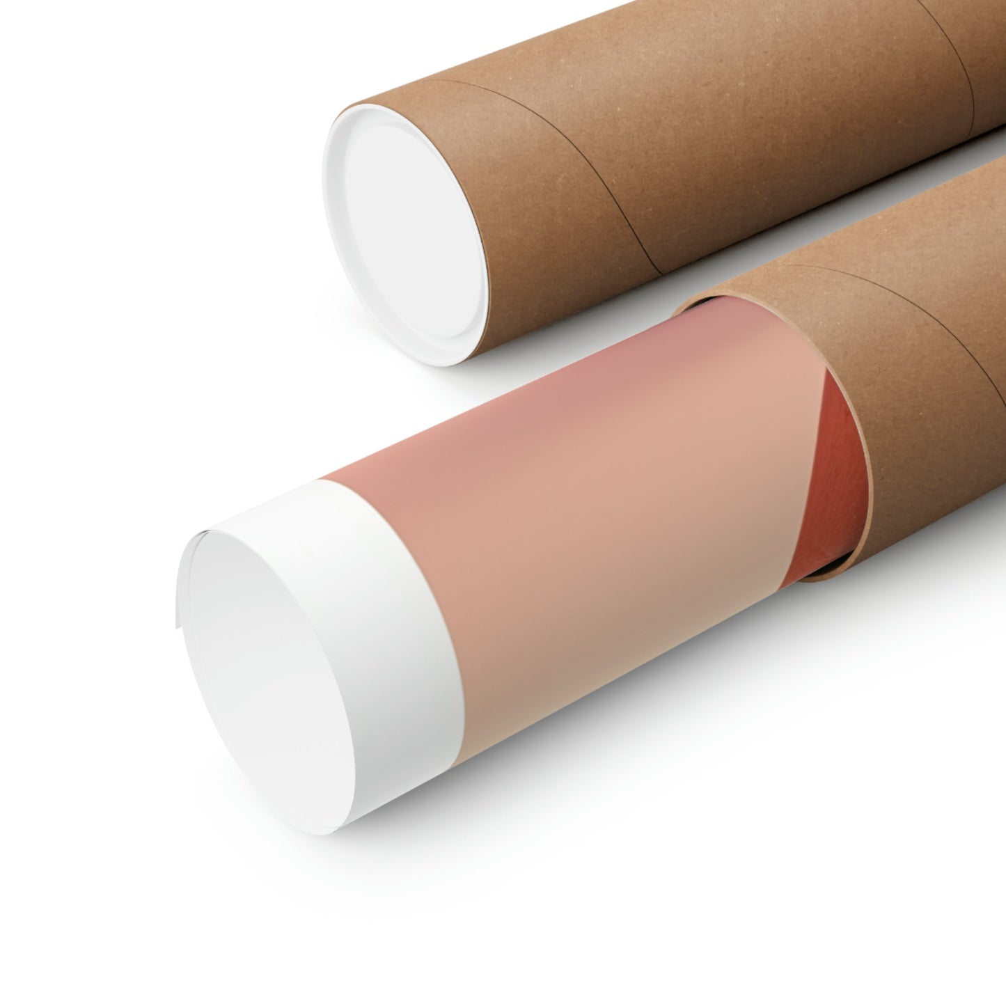 Two rolls of brown paper with a white top and a pink bottom
