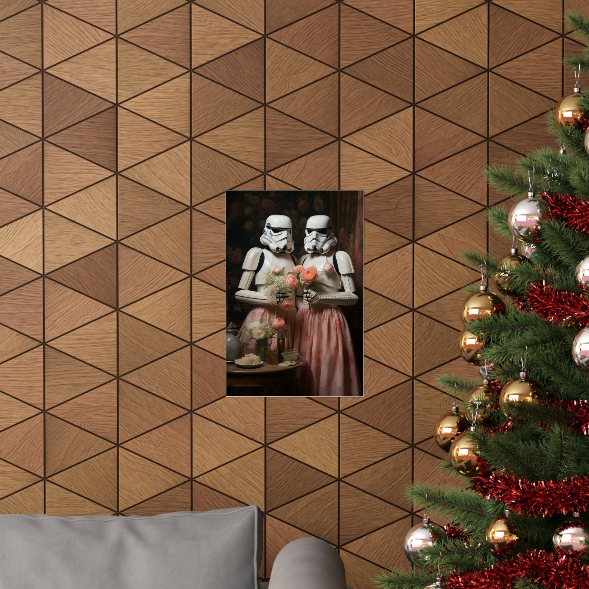 Humorous poster of Stormtroopers enjoying cocktails in festive attire.