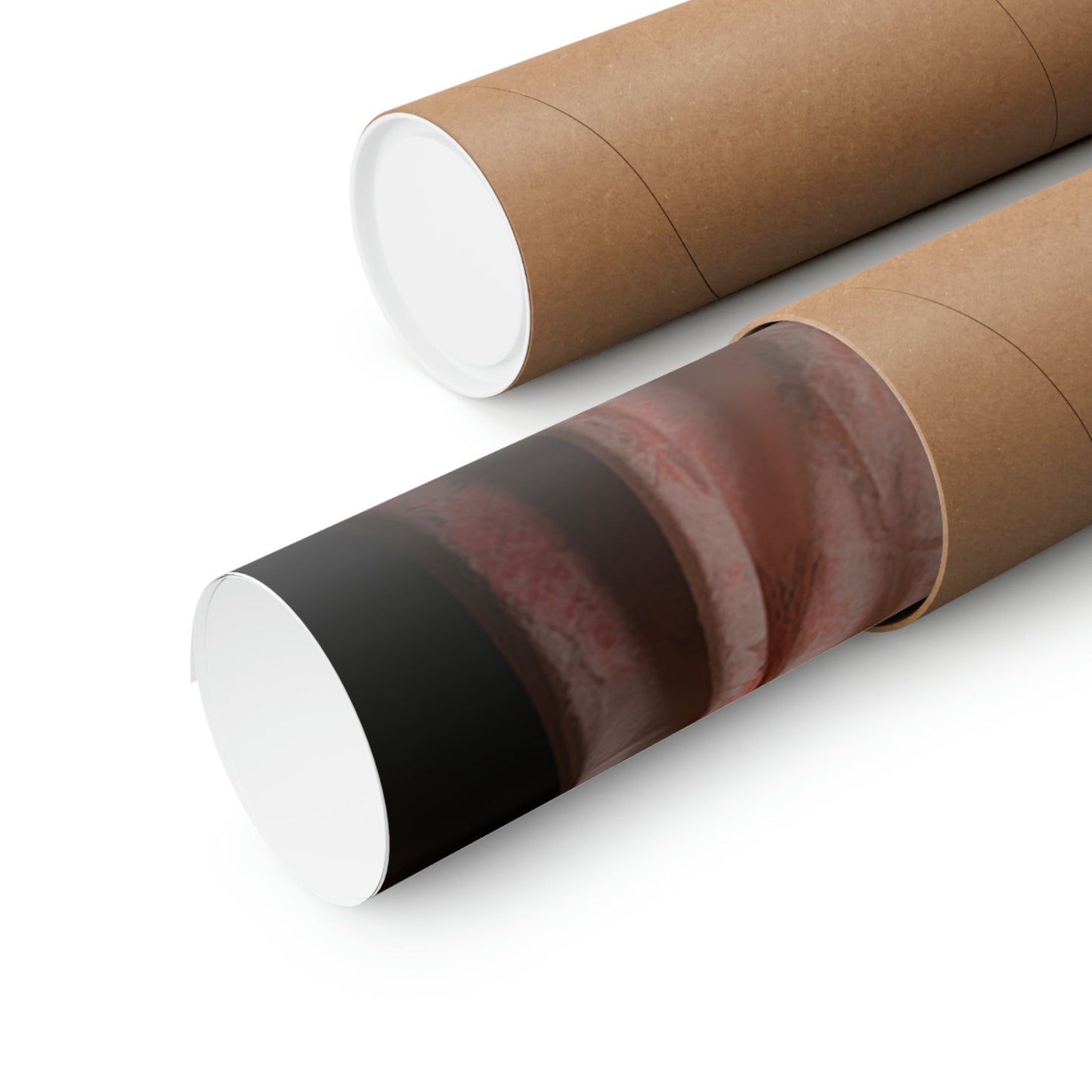 Cylindrical tubes or rolls with different colored wrappings, one solid brown and one with a marbled brown pattern.