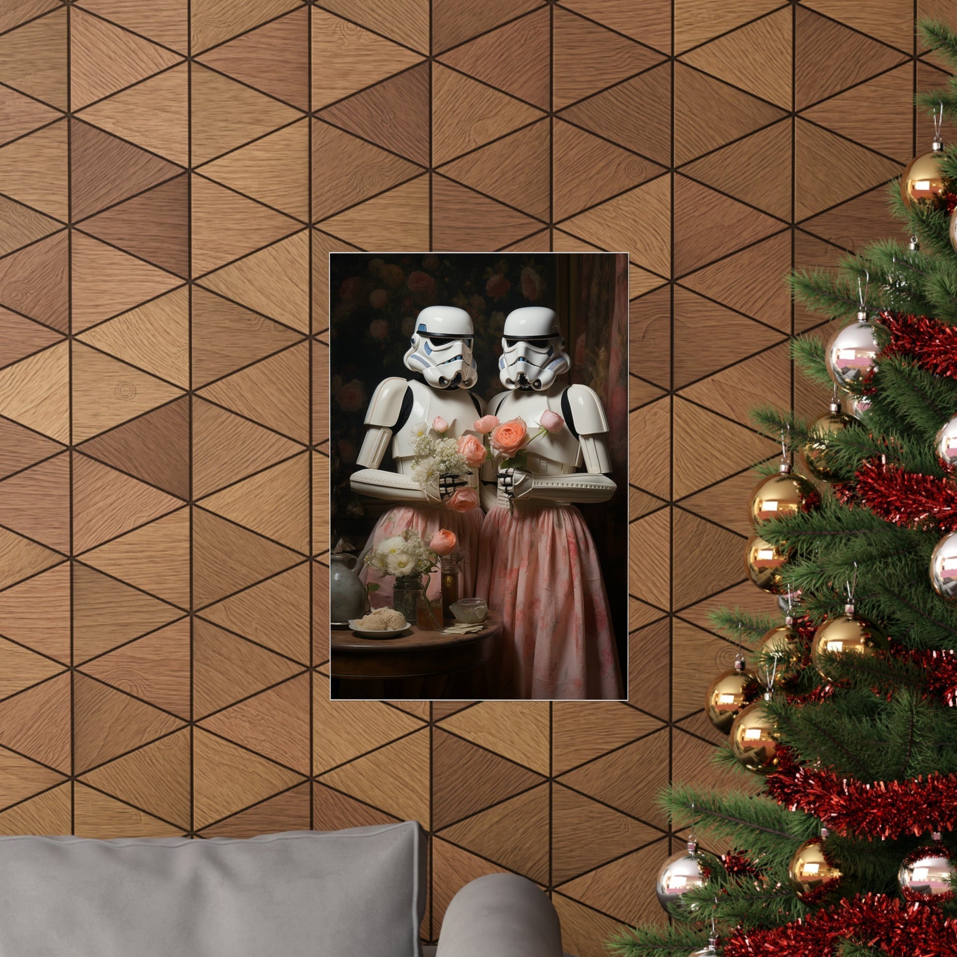 Framed artwork depicting two Stormtroopers in formal attire holding cocktails.