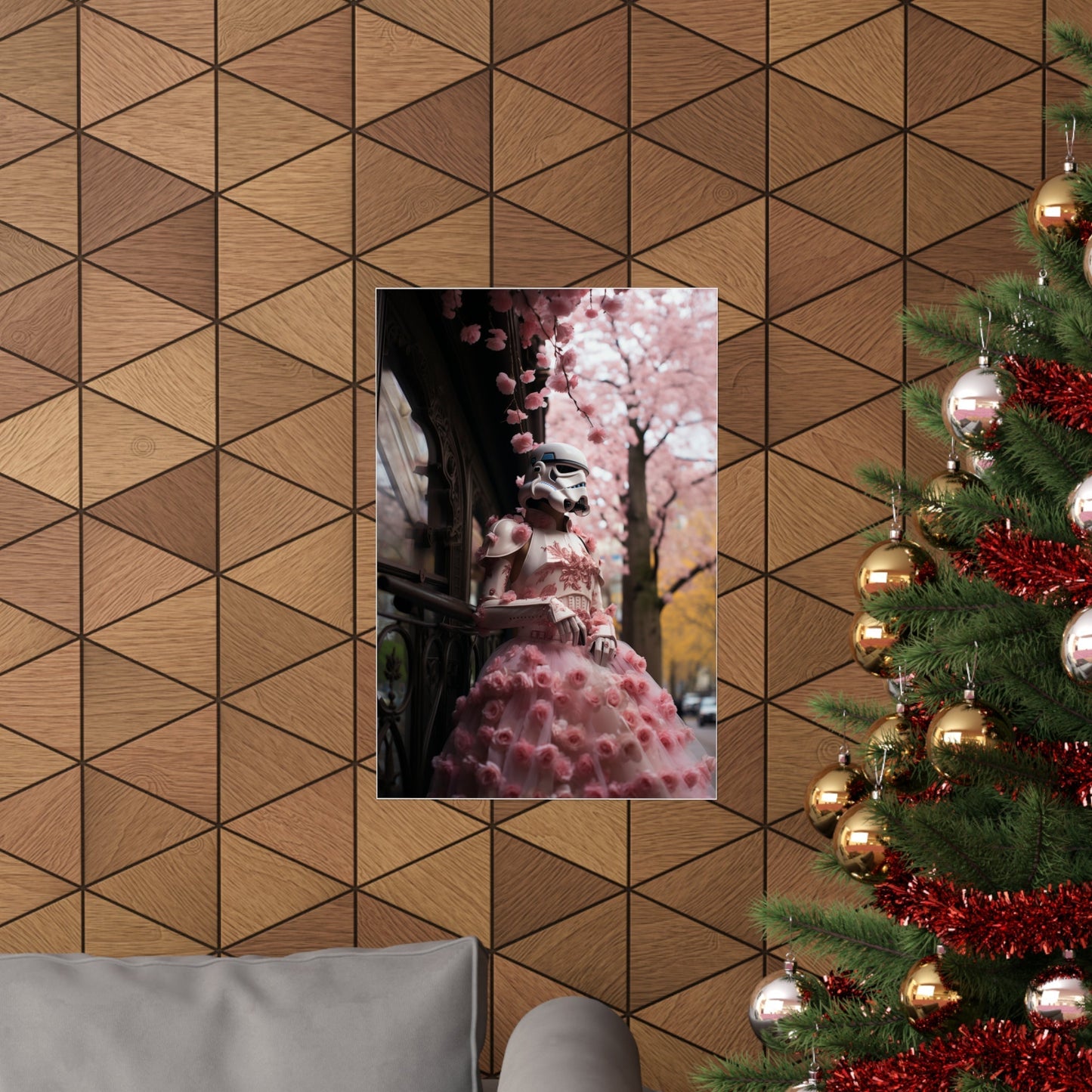 Decorated Christmas tree with gold ornaments and red tinsel.