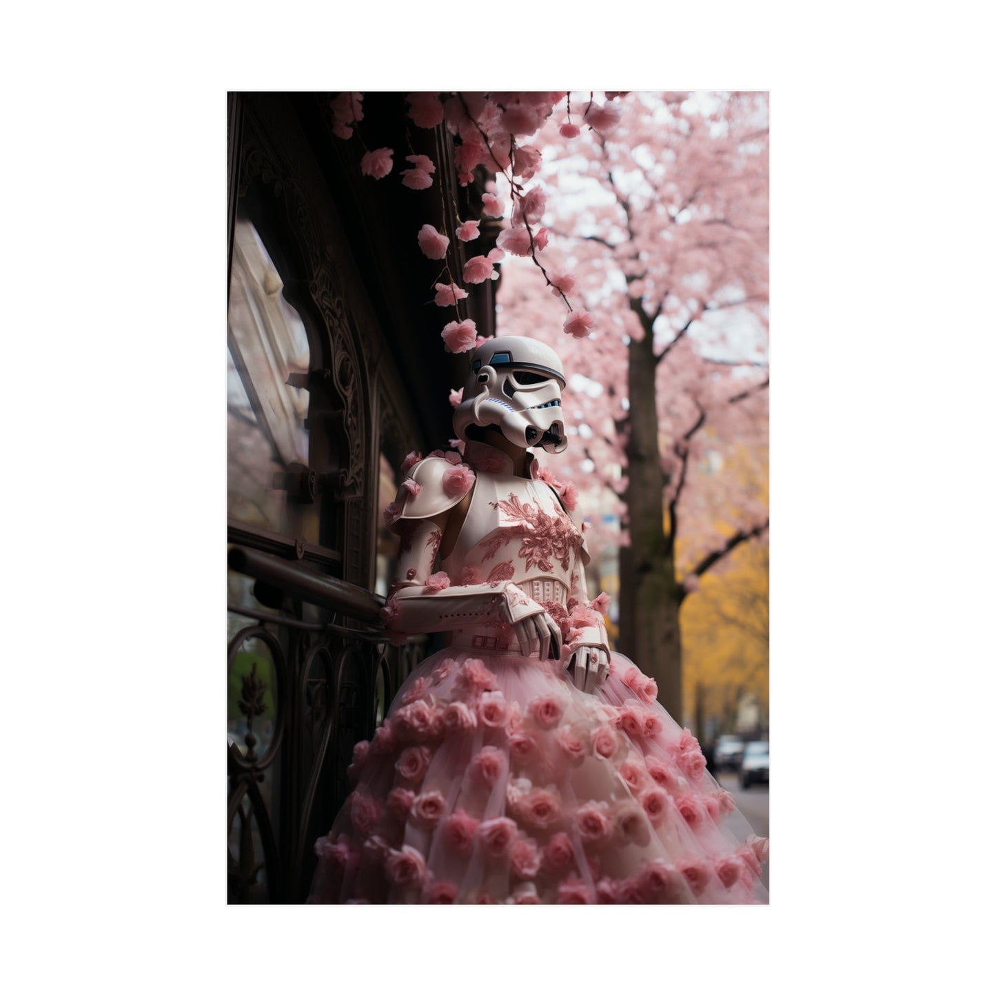 Ornate pink dress with a voluminous skirt covered in floral-like decorations.