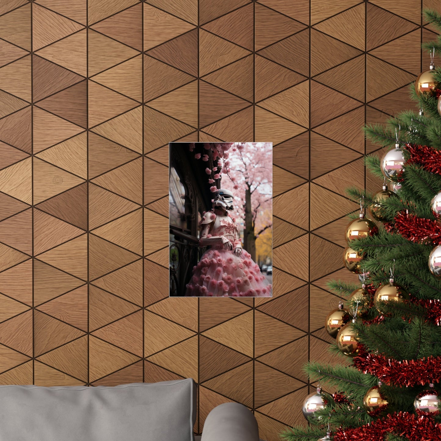 Decorated Christmas tree with gold ornaments and red tinsel.
