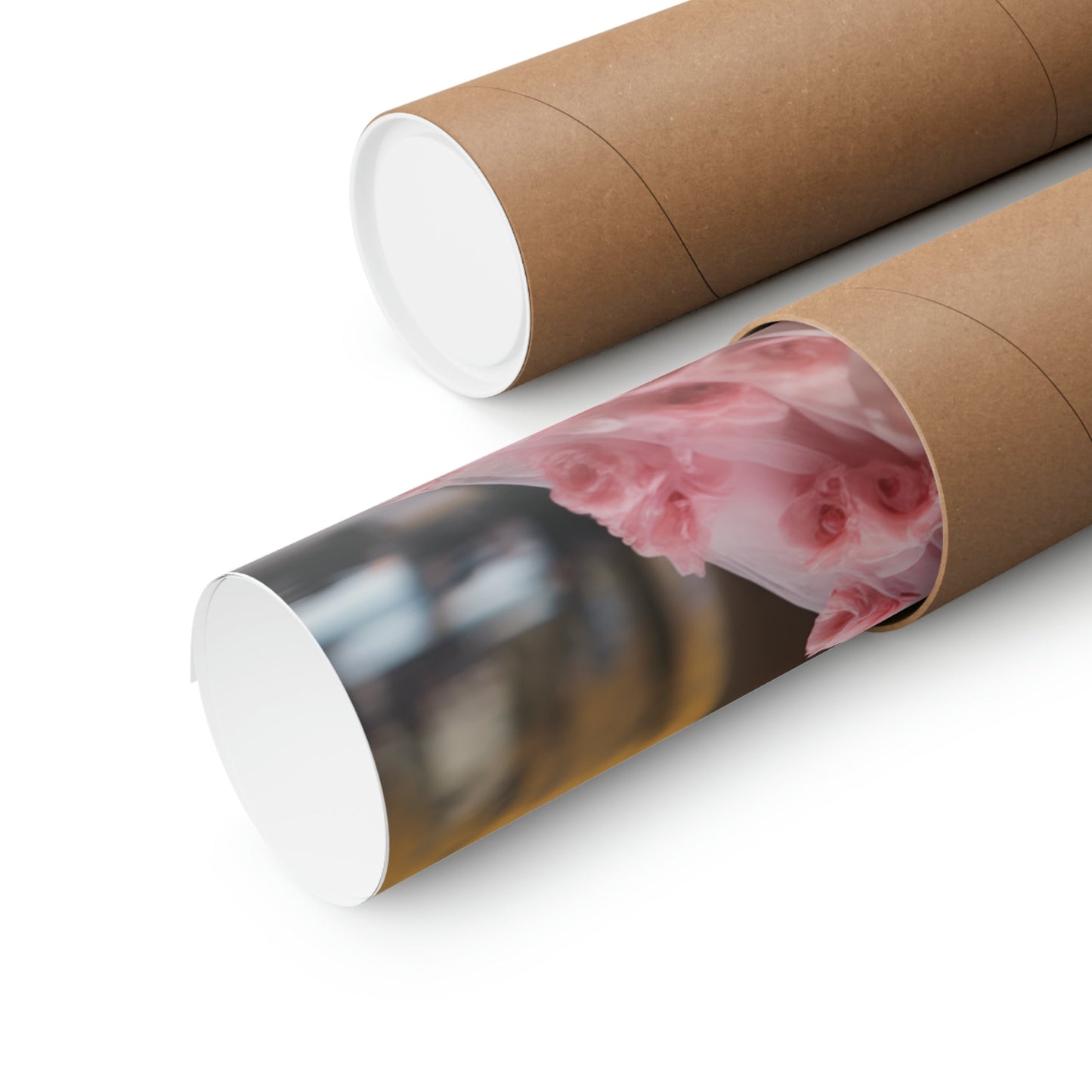 Cardboard mailing tubes with one partially open to reveal contents inside.